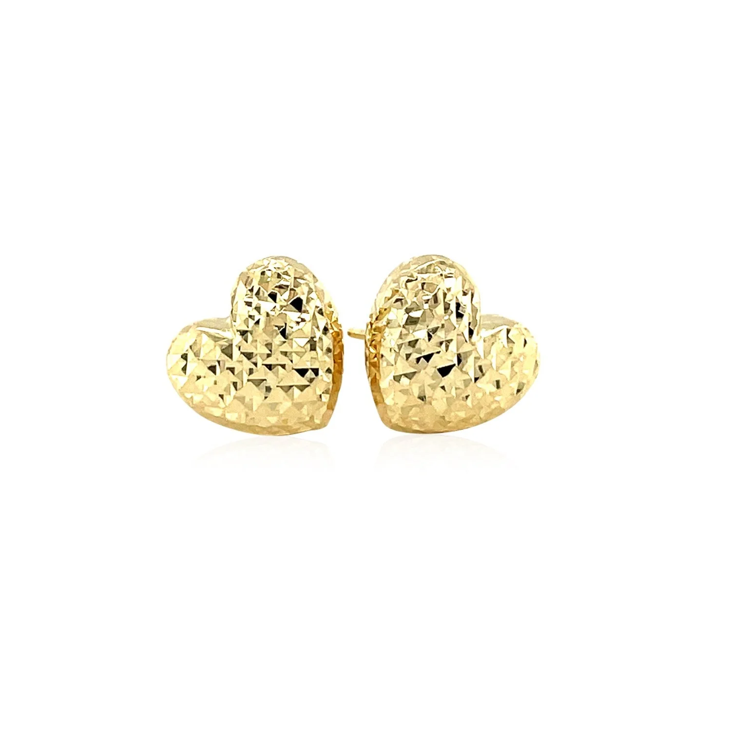 14k Yellow Gold Puffed Heart Earrings with Diamond Cuts - Image 6