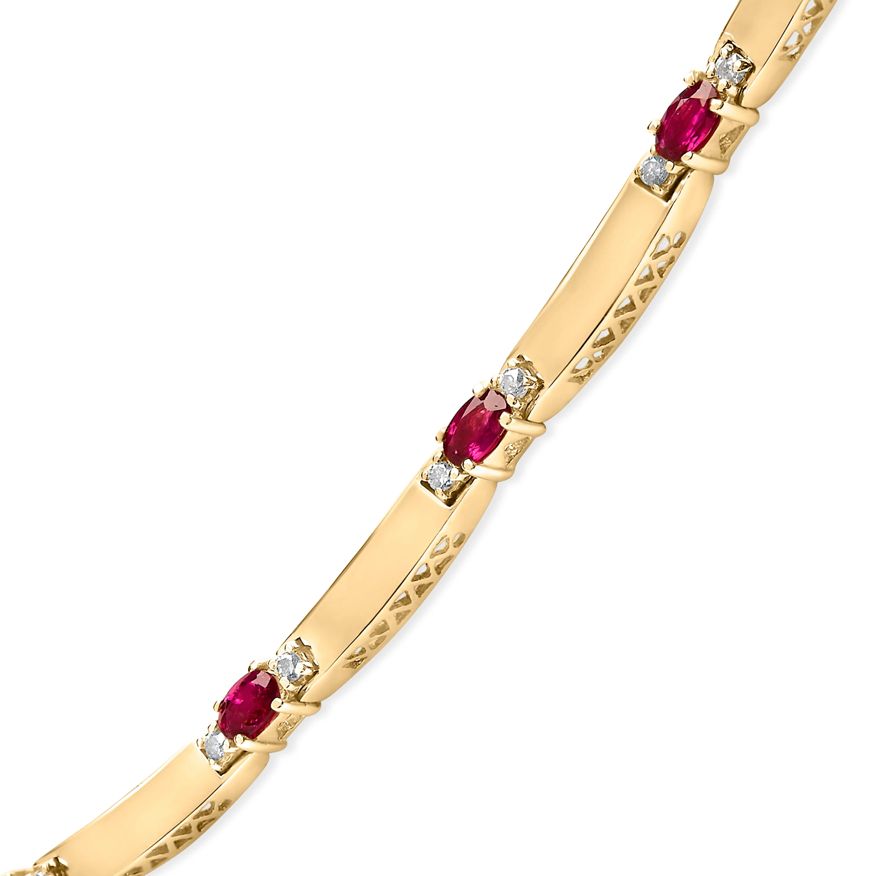 14K Yellow Gold Red Ruby and 3/8 Cttw Diamond Alternating Link Necklace - Image 3