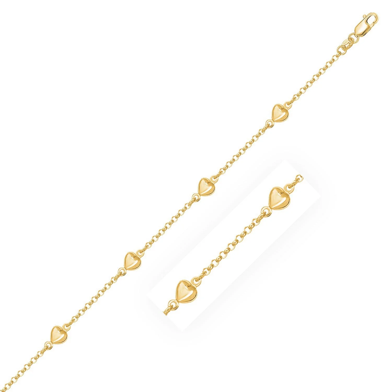 14k Yellow Gold Rolo Chain Bracelet with Puffed Heart Stations - Image 3