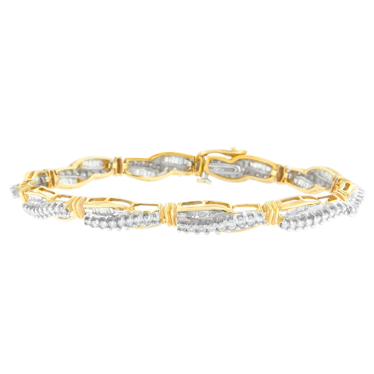 14K Yellow Gold Round and Baguette Cut Winding Love Diamond Bracelet (3.00 cttw, H-I Color, SI1-SI2 Clarity) - Image 4