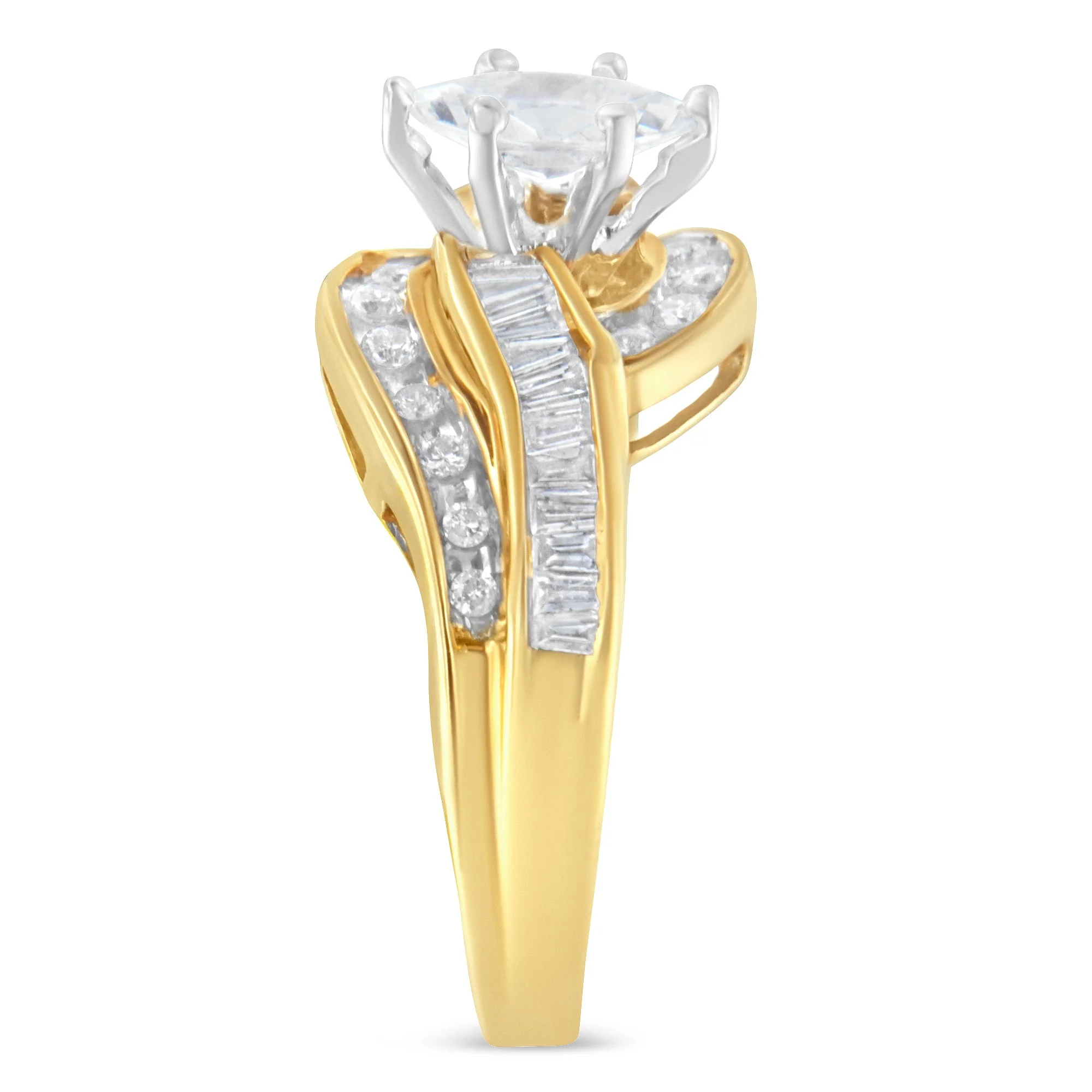 14KT Two-Toned Gold Marquise, Baguette and Round Cut Diamond Bypass Ring (1 cttw, H-I Color, SI1-SI2 Clarity) (Size 7) - Image 5