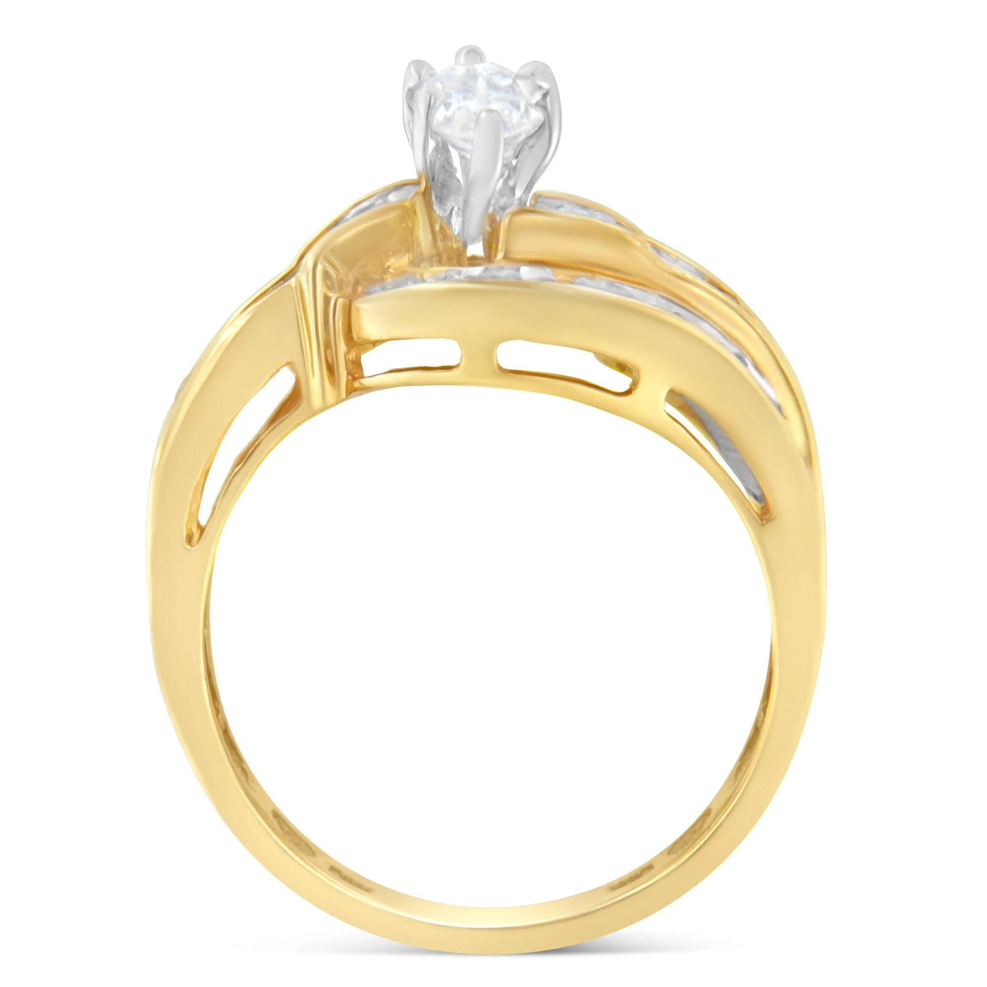 14KT Two-Toned Gold Marquise, Baguette and Round Cut Diamond Bypass Ring (1 cttw, H-I Color, SI1-SI2 Clarity) (Size 7) - Image 7