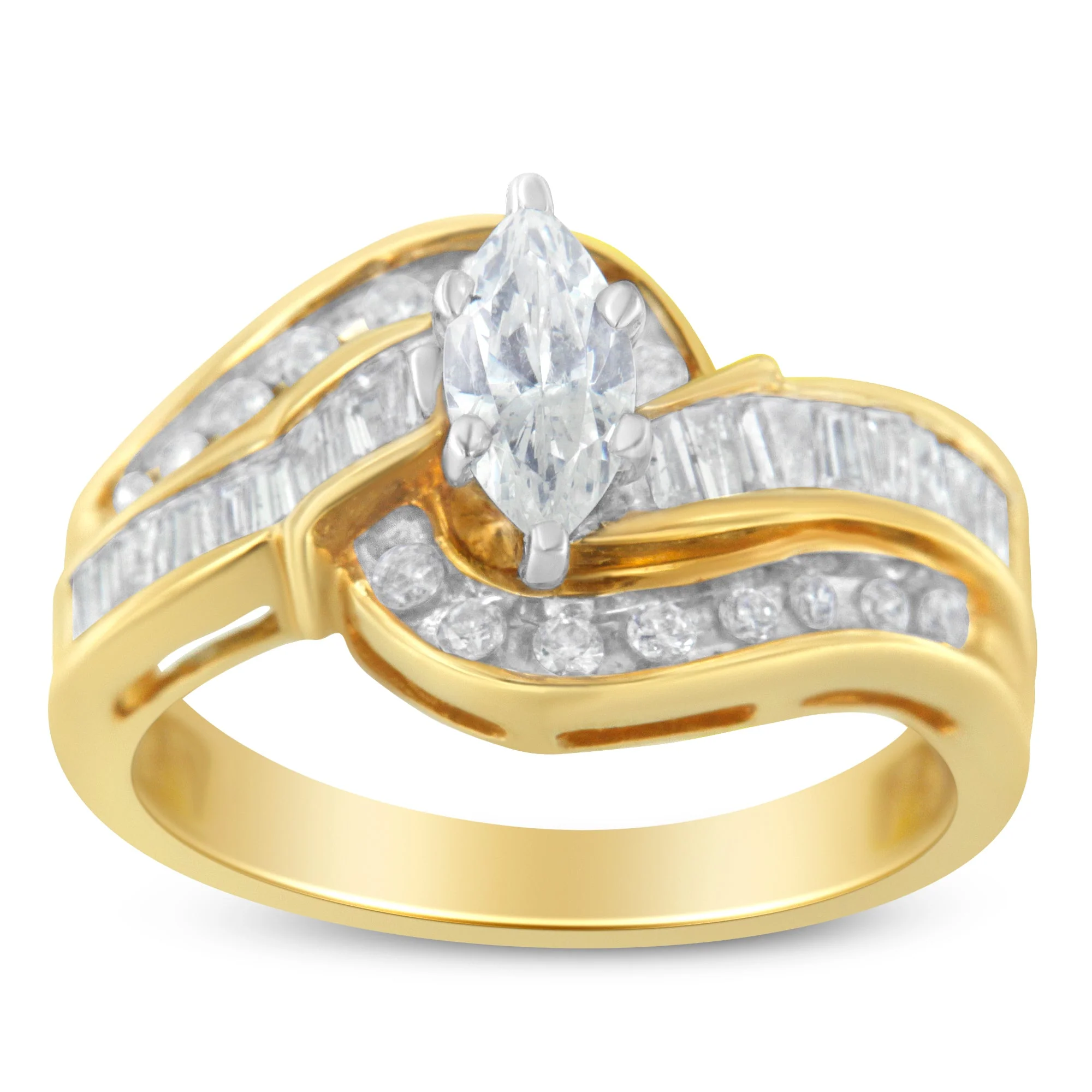 14KT Two-Toned Gold Marquise, Baguette and Round Cut Diamond Bypass Ring (1 cttw, H-I Color, SI1-SI2 Clarity) (Size 7) - Image 8