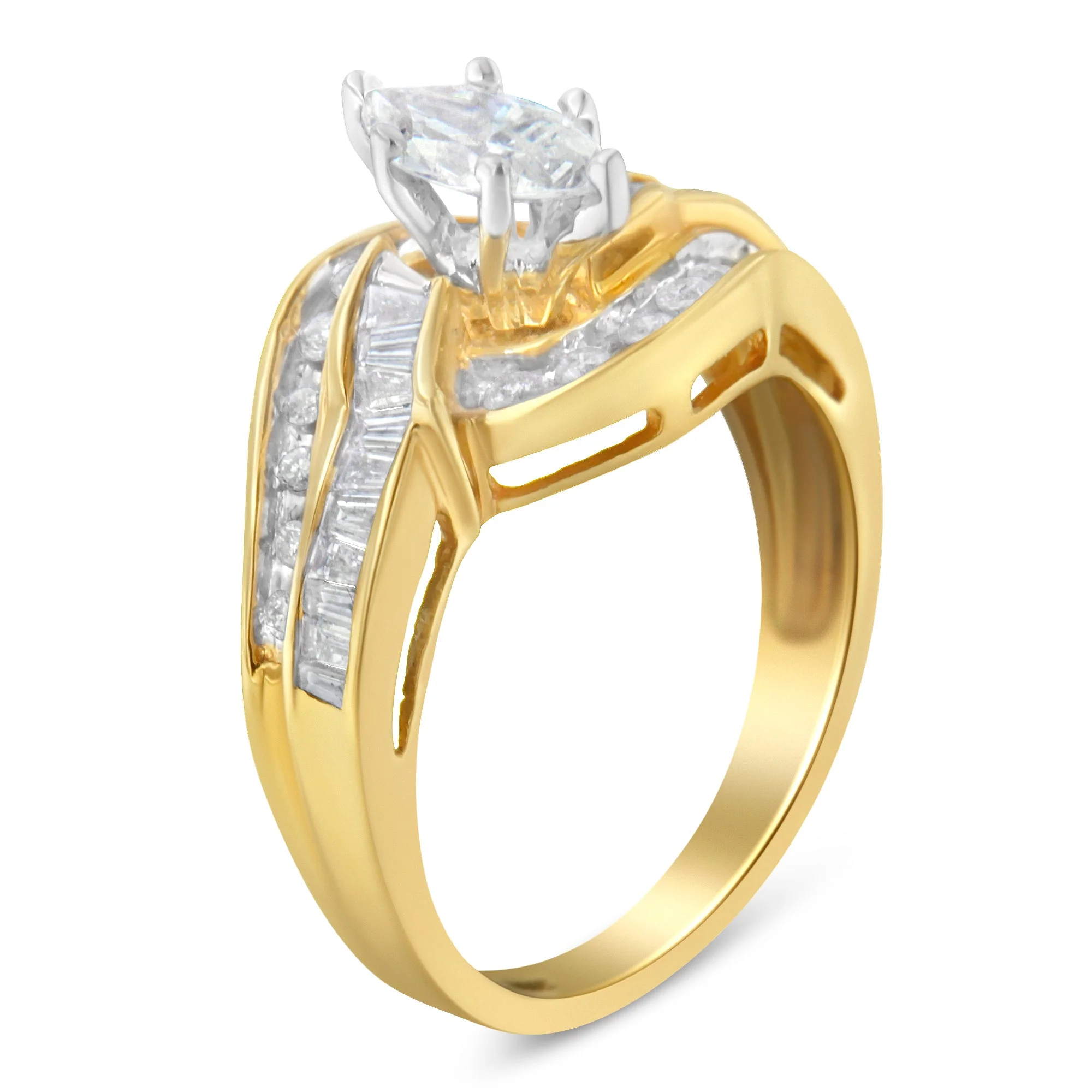 14KT Two-Toned Gold Marquise, Baguette and Round Cut Diamond Bypass Ring (1 cttw, H-I Color, SI1-SI2 Clarity) (Size 7) - Image 9