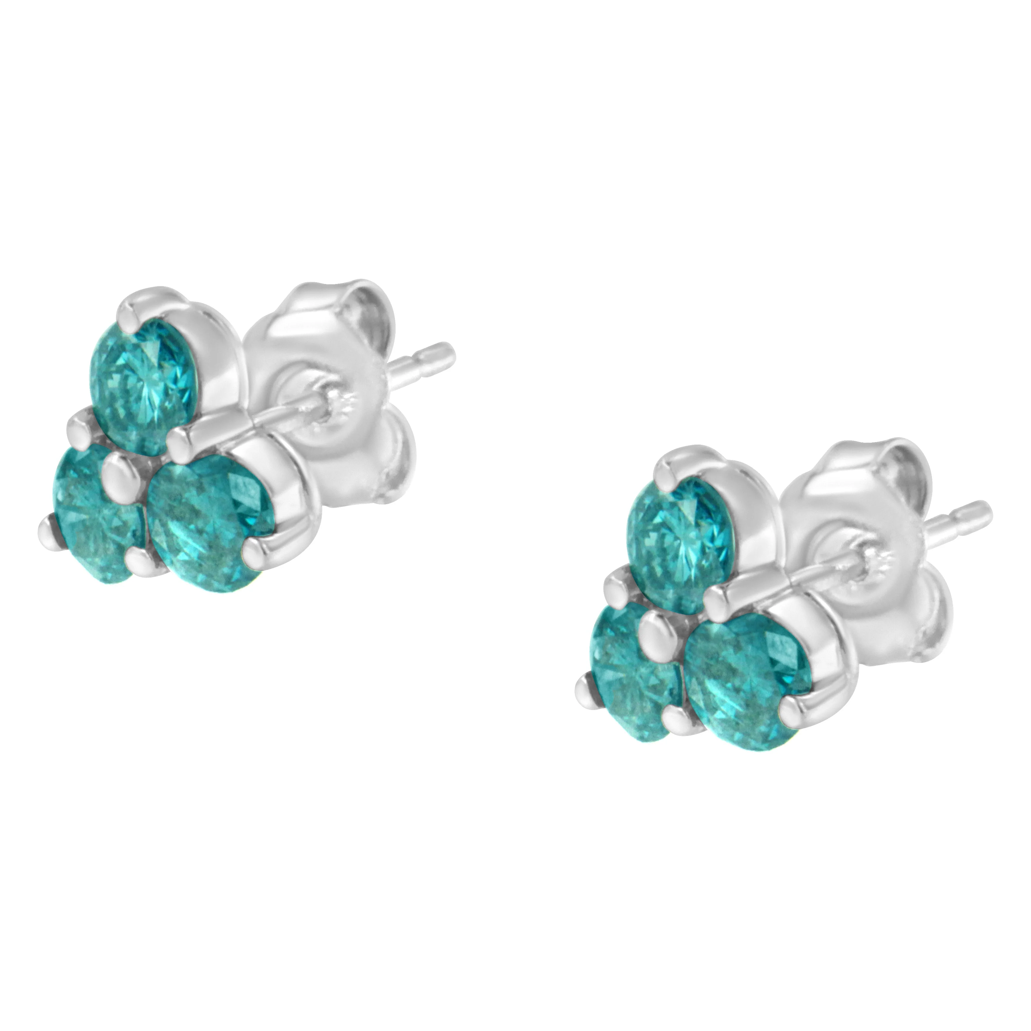 14KT White Gold Treated Blue Diamond Trio Stud Earrings (1 1/3 cttw, Blue) - Image 8