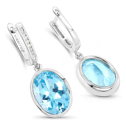 15.13 Carat Genuine Blue Topaz and White Diamond .925 Sterling Silver Earrings - Image 2