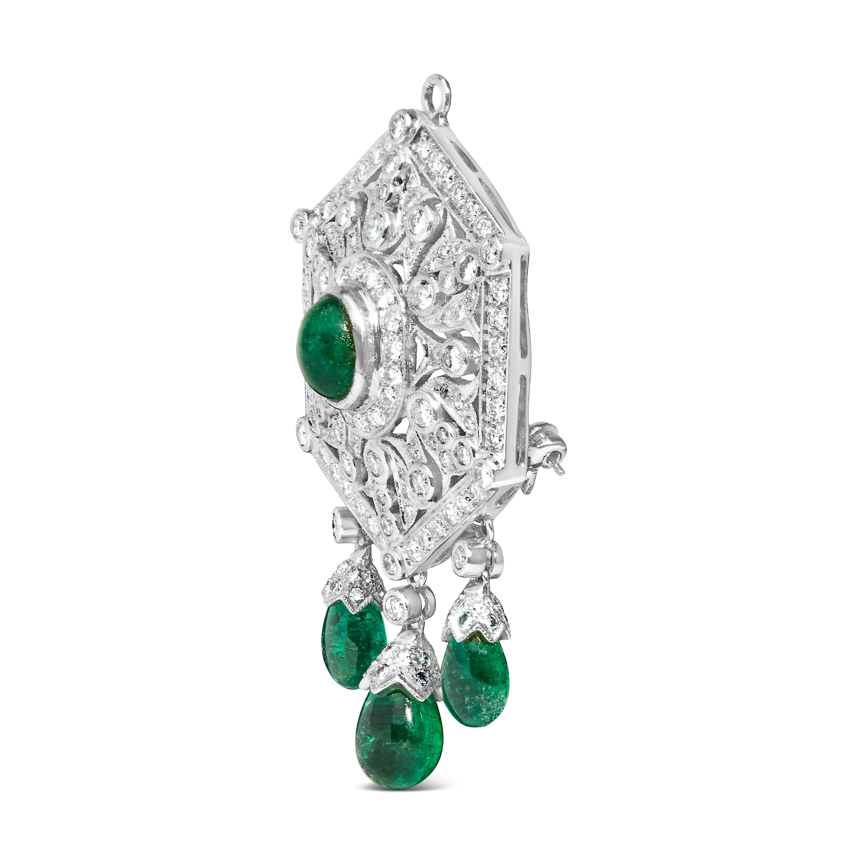 18K 2 3/4 Cttw Diamond and Emerald Dangle Art Deco Shield Brooch Pin Pendant (G-H Color, VS1-VS2 Clarity) CHAIN NOT INCLUDED - Image 6