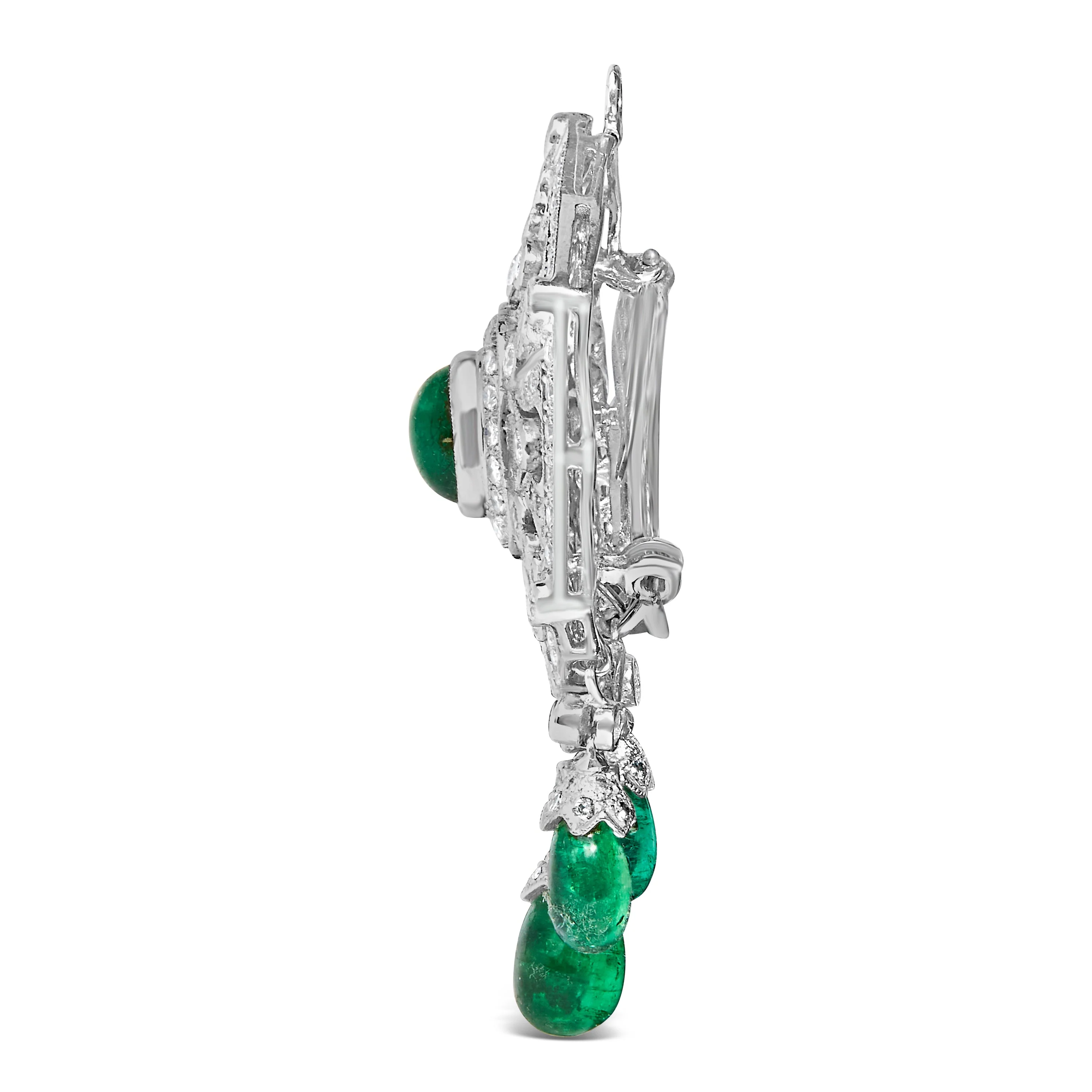 18K 2 3/4 Cttw Diamond and Emerald Dangle Art Deco Shield Brooch Pin Pendant (G-H Color, VS1-VS2 Clarity) CHAIN NOT INCLUDED - Image 7