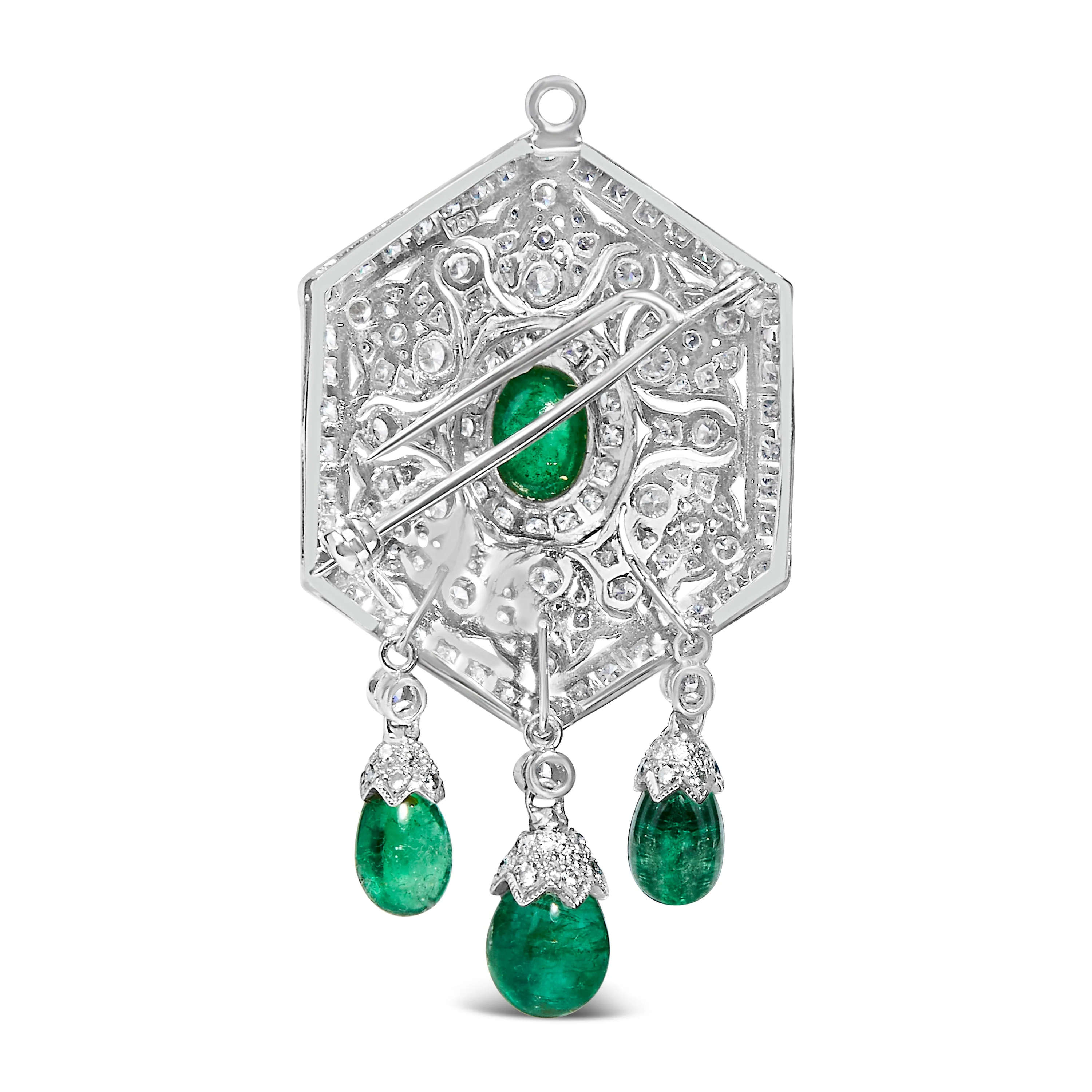 18K 2 3/4 Cttw Diamond and Emerald Dangle Art Deco Shield Brooch Pin Pendant (G-H Color, VS1-VS2 Clarity) CHAIN NOT INCLUDED - Image 8