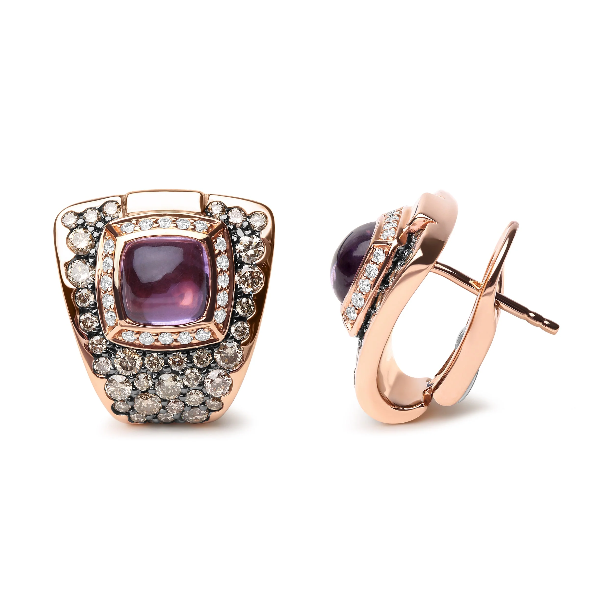 18K Rose Gold 1 1/2 Cttw Round Diamond and 7mm Cushion Cut Purple Amethyst Gemstone Geometrical Statement Stud Earrings (Brown and G-H Color, SI1-SI2 Clarity) - Image 6