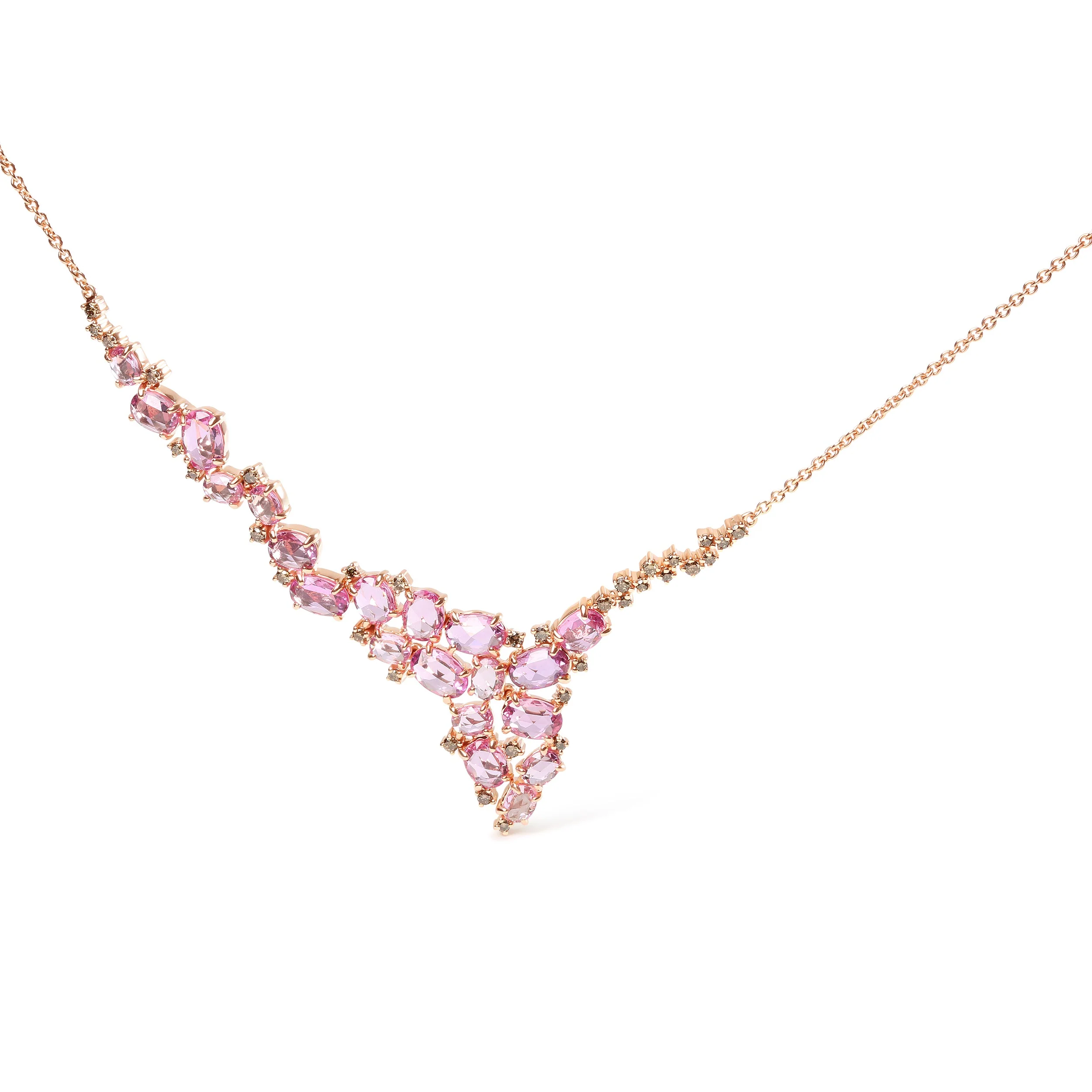 18K Rose Gold 1/2 Cttw Brown Diamond and Multi-Size Oval Pink Sapphire Cluster Cascade Statement Station Necklace (Brown Color, SI1-SI2 Clarity) - Adjustable up to 14" to 16" - Image 4