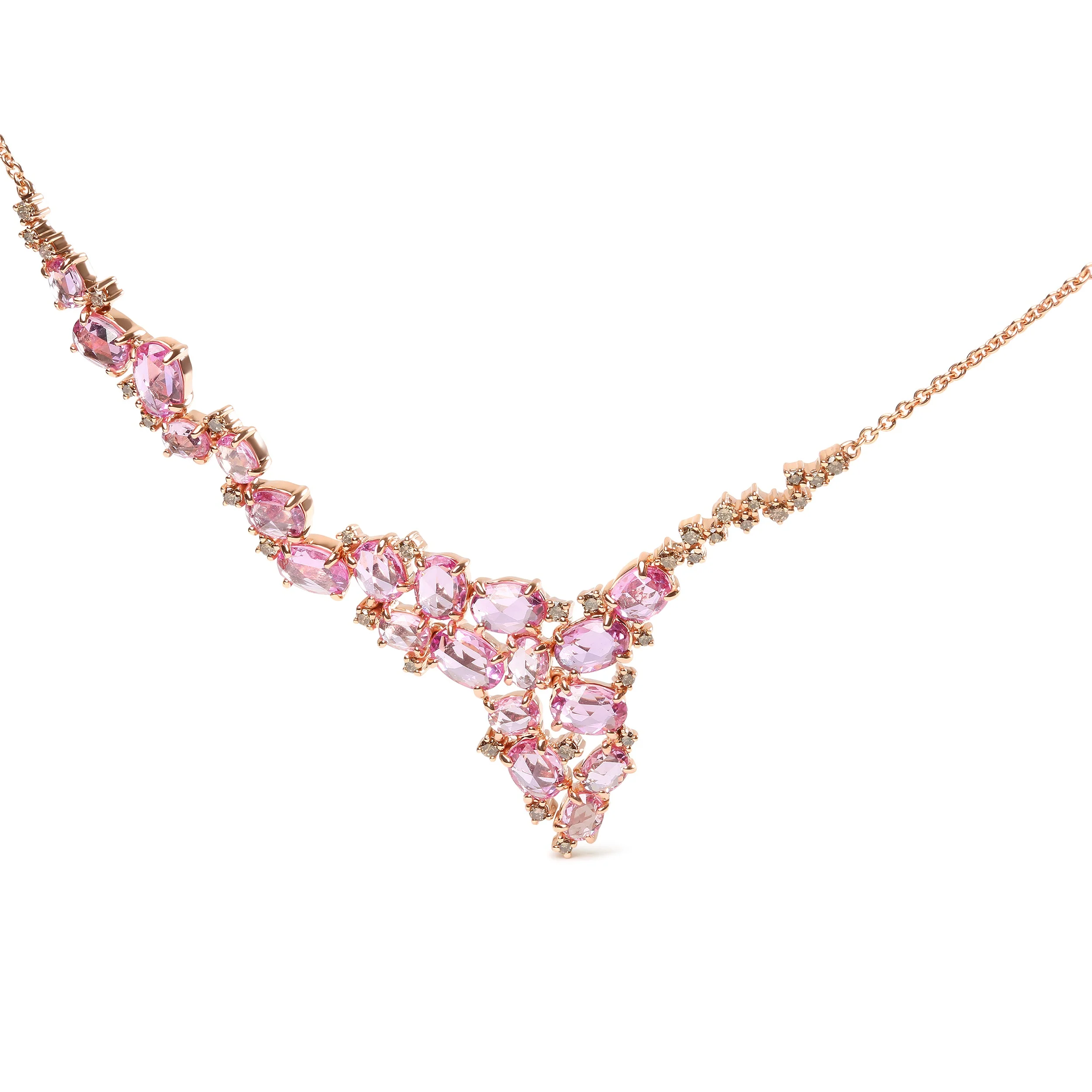 18K Rose Gold 1/2 Cttw Brown Diamond and Multi-Size Oval Pink Sapphire Cluster Cascade Statement Station Necklace (Brown Color, SI1-SI2 Clarity) - Adjustable up to 14" to 16" - Image 5