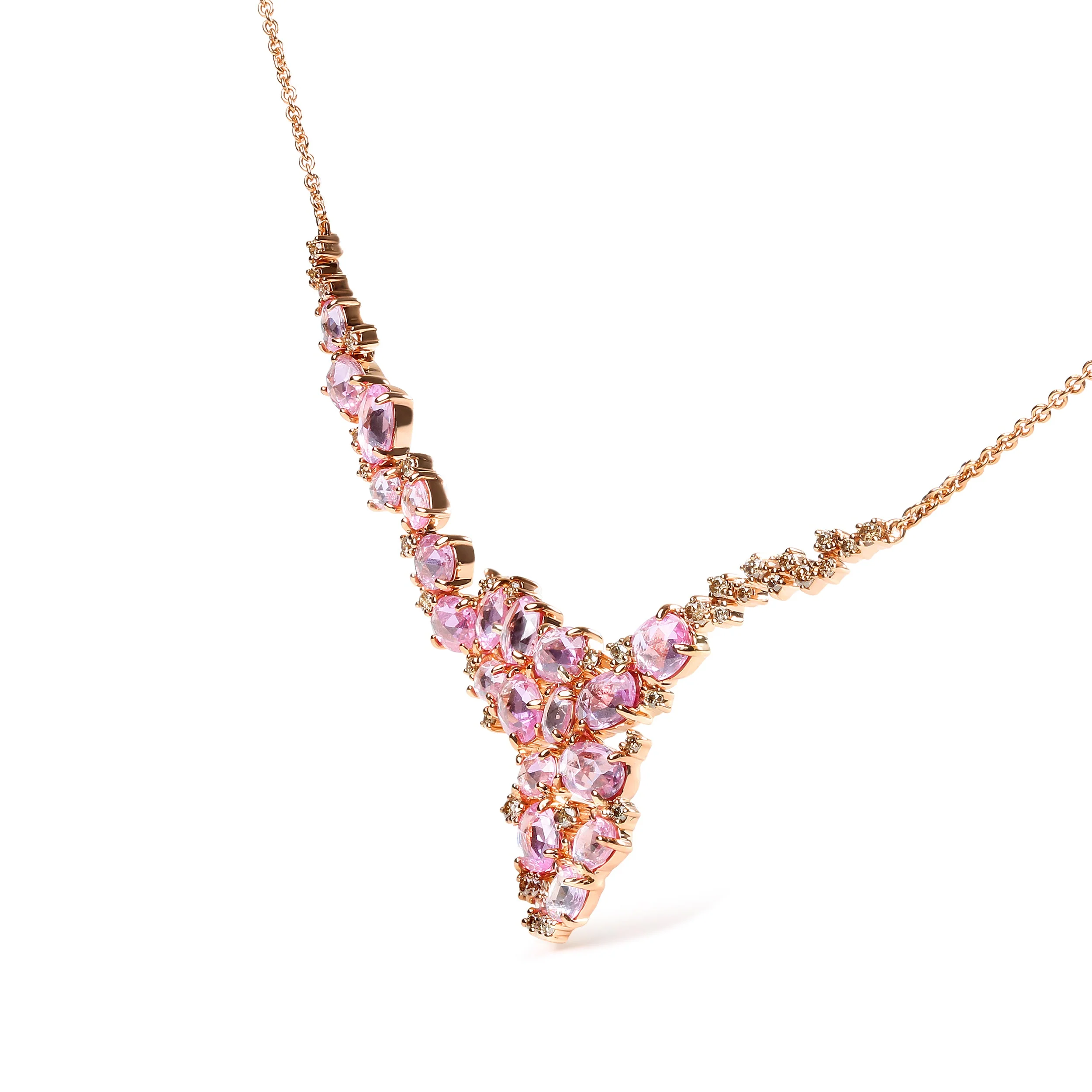18K Rose Gold 1/2 Cttw Brown Diamond and Multi-Size Oval Pink Sapphire Cluster Cascade Statement Station Necklace (Brown Color, SI1-SI2 Clarity) - Adjustable up to 14" to 16" - Image 6