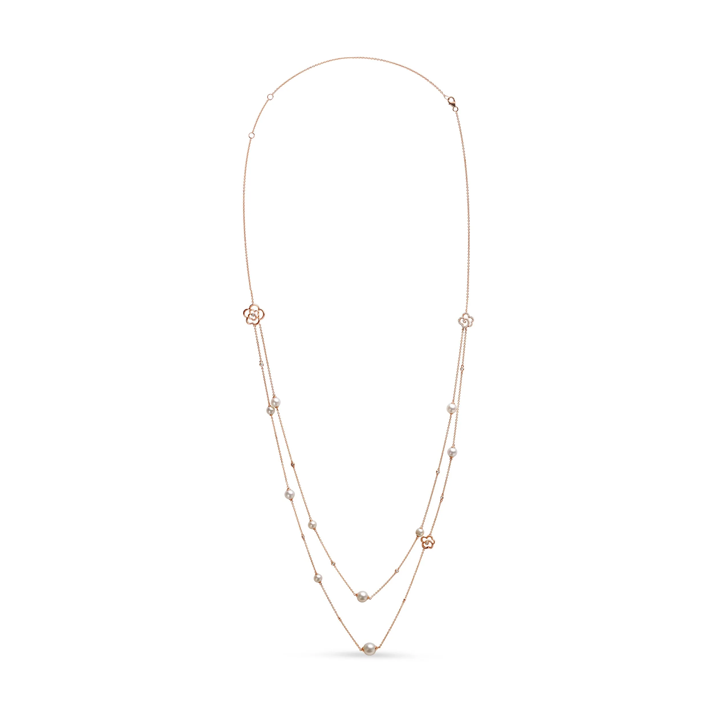 18K Rose Gold 1/2 Cttw Diamond and Freshwater Pearl Double Strand Station Necklace (G-H Color, SI1-SI2 Clarity) - Adjustable up to 16" to 20"