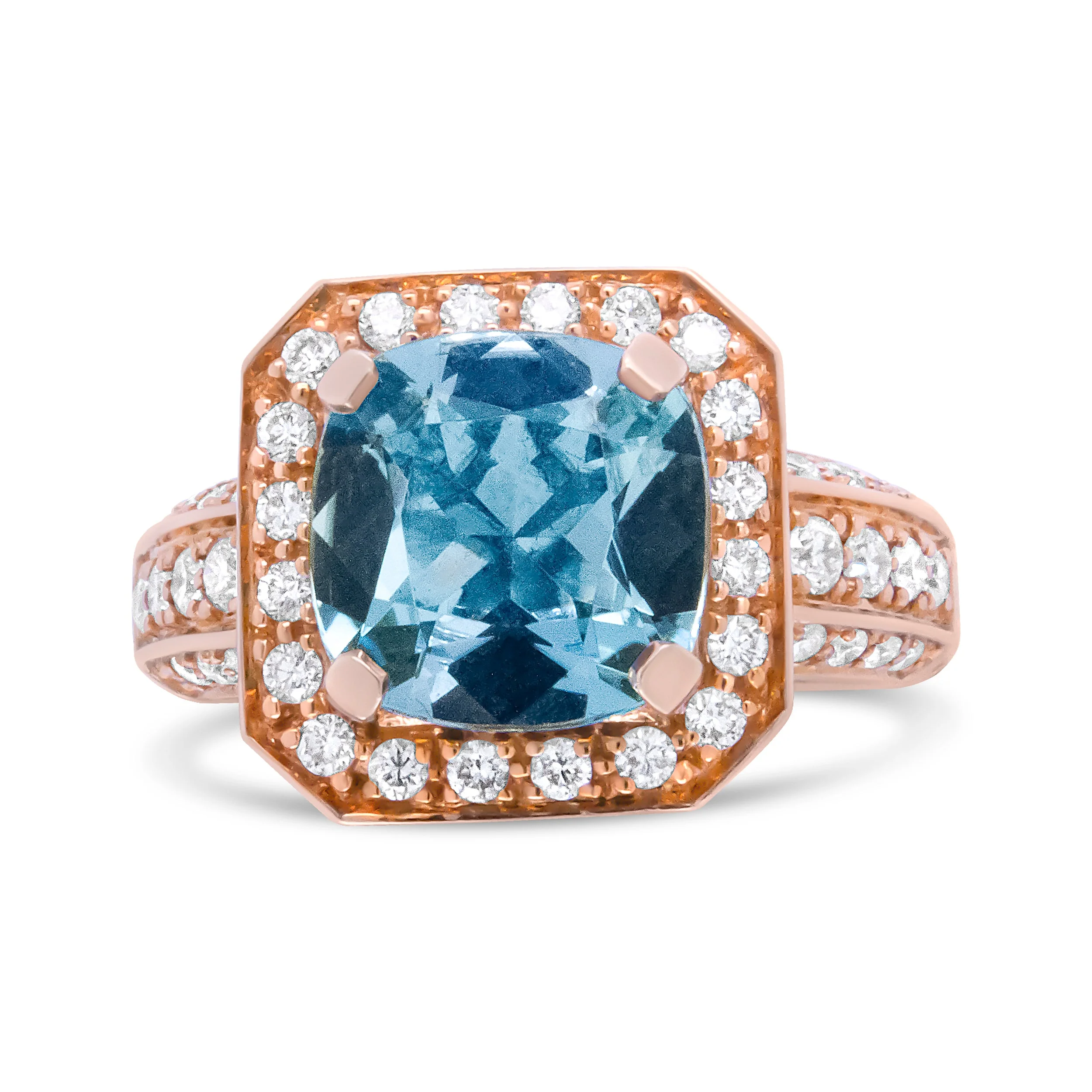 18K Rose Gold 10x10mm Cushion Shaped Aquamarine and 1 1/8 Cttw Round Diamond Halo Ring (F-G Color, VS1-VS2 Clarity) - Ring Size 6.5 - Image 5