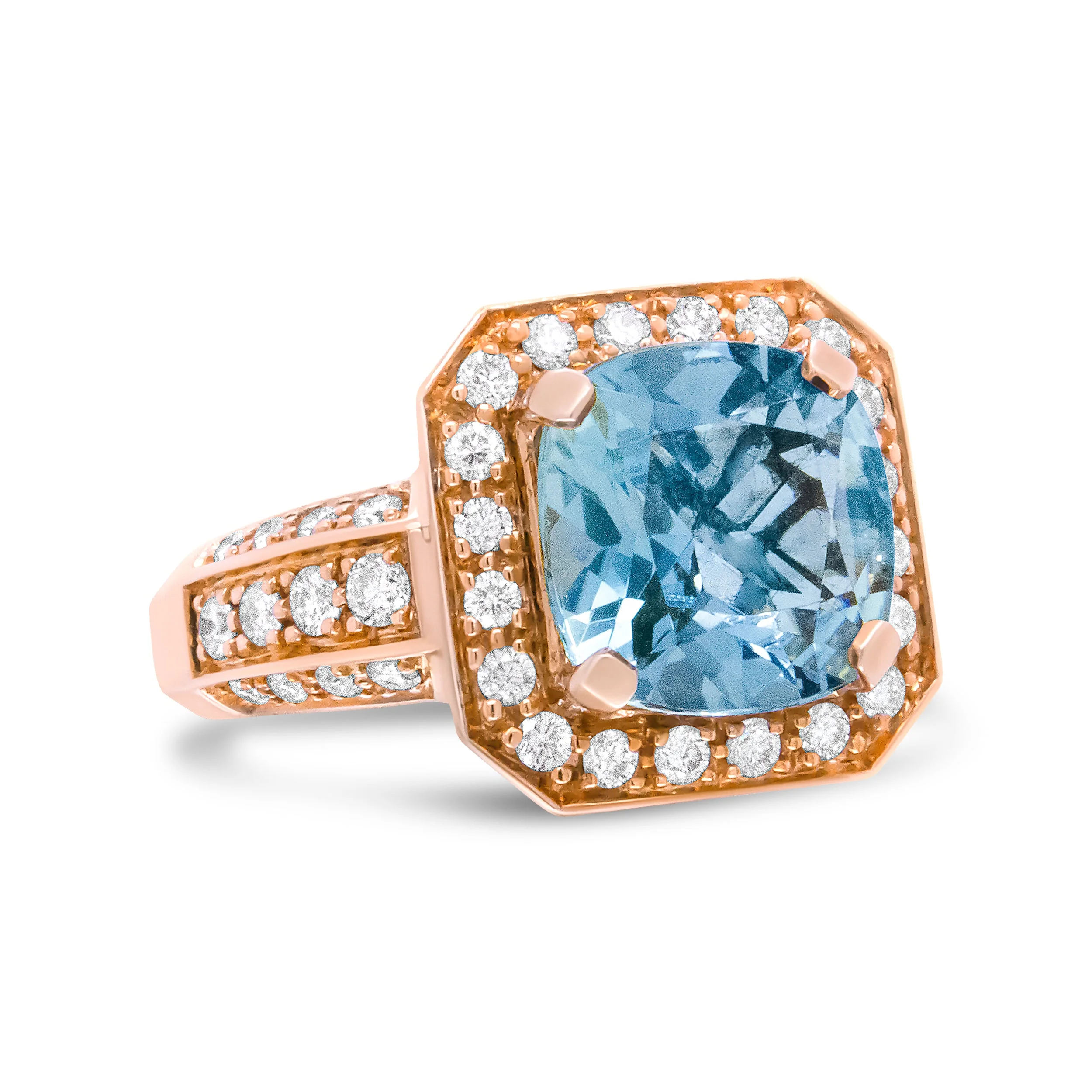 18K Rose Gold 10x10mm Cushion Shaped Aquamarine and 1 1/8 Cttw Round Diamond Halo Ring (F-G Color, VS1-VS2 Clarity) - Ring Size 6.5 - Image 6
