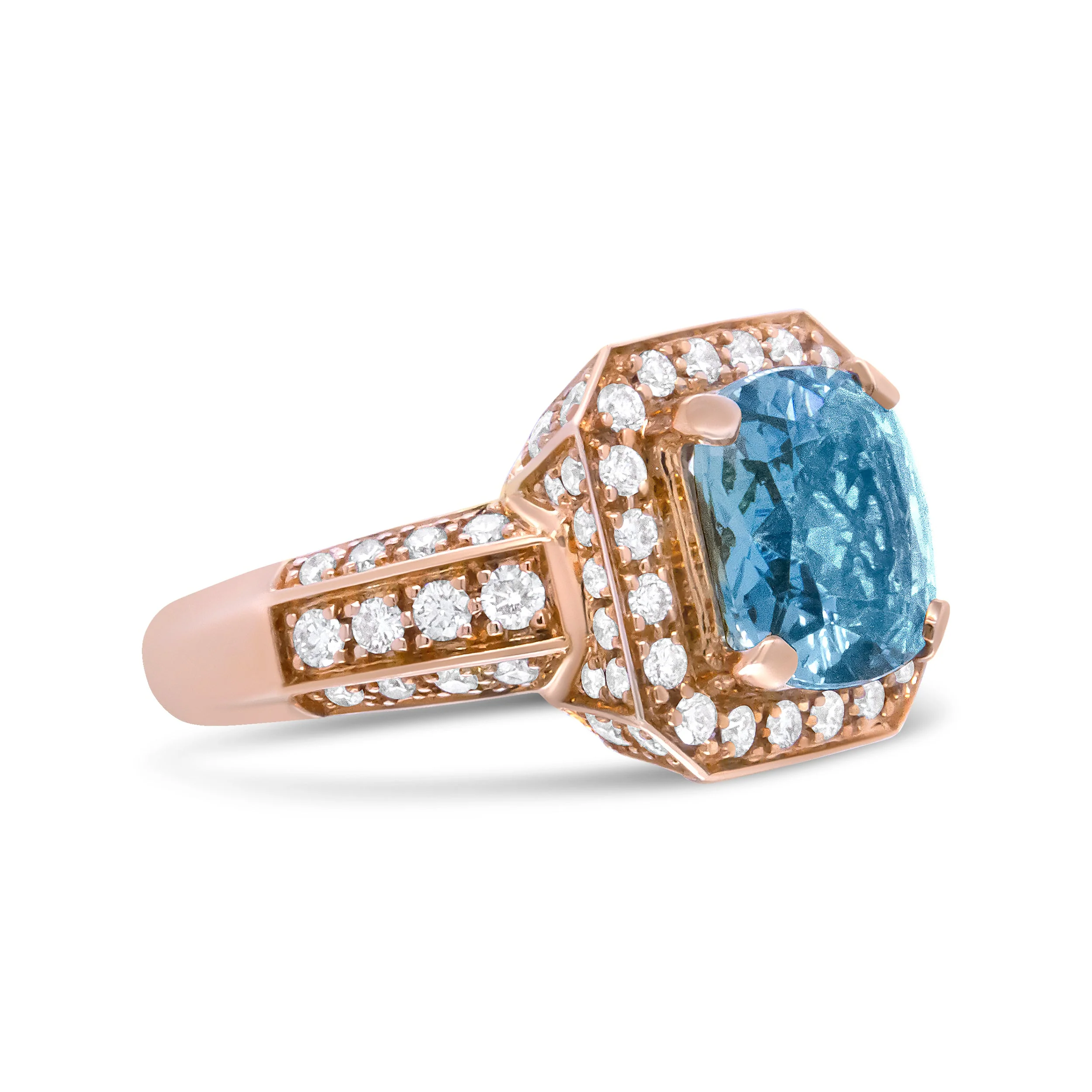 18K Rose Gold 10x10mm Cushion Shaped Aquamarine and 1 1/8 Cttw Round Diamond Halo Ring (F-G Color, VS1-VS2 Clarity) - Ring Size 6.5 - Image 7