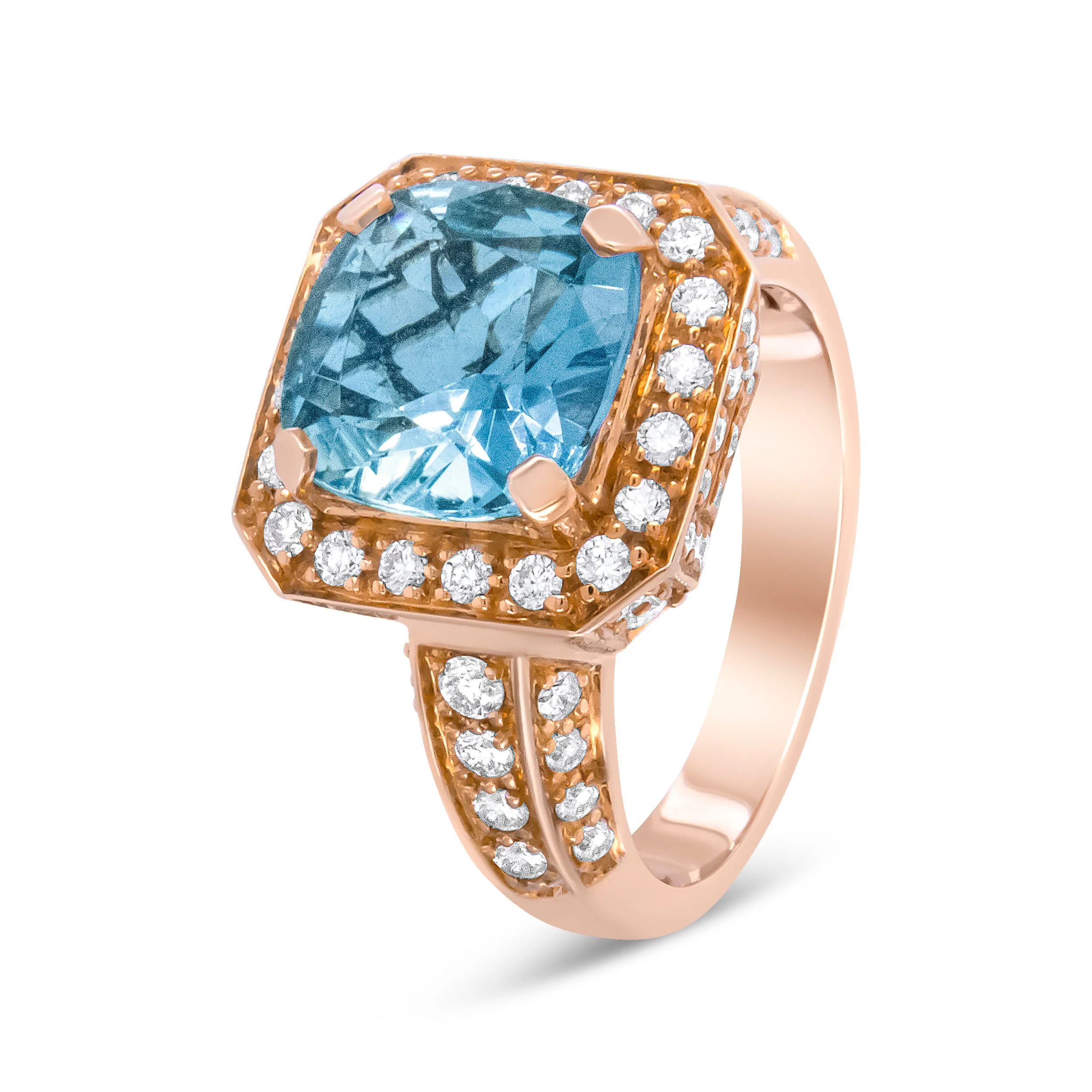18K Rose Gold 10x10mm Cushion Shaped Aquamarine and 1 1/8 Cttw Round Diamond Halo Ring (F-G Color, VS1-VS2 Clarity) - Ring Size 6.5 - Image 8
