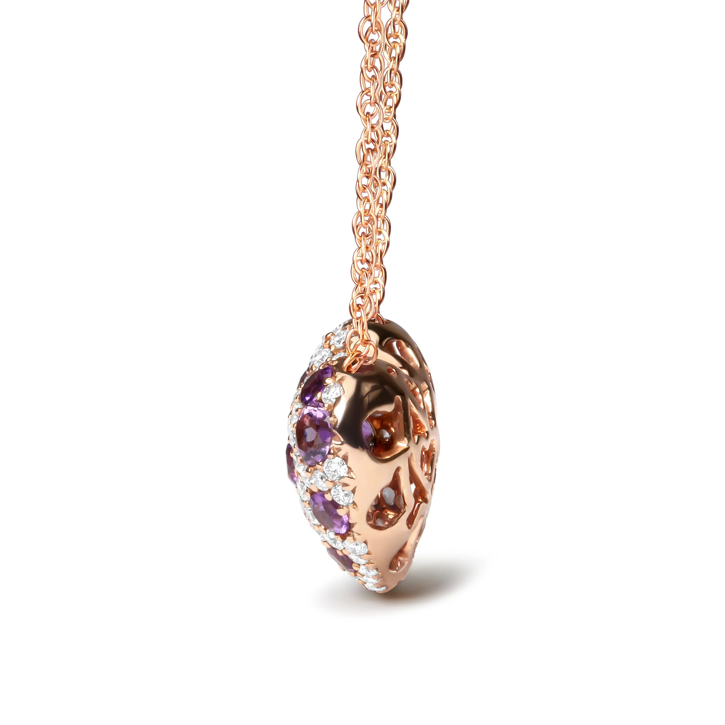 18K Rose Gold 3/4 Cttw Diamond and Purple Amethyst Cluster Heart Shape 18" Pendant Necklace (G-H Color, SI1-SI2 Clarity) - Image 2