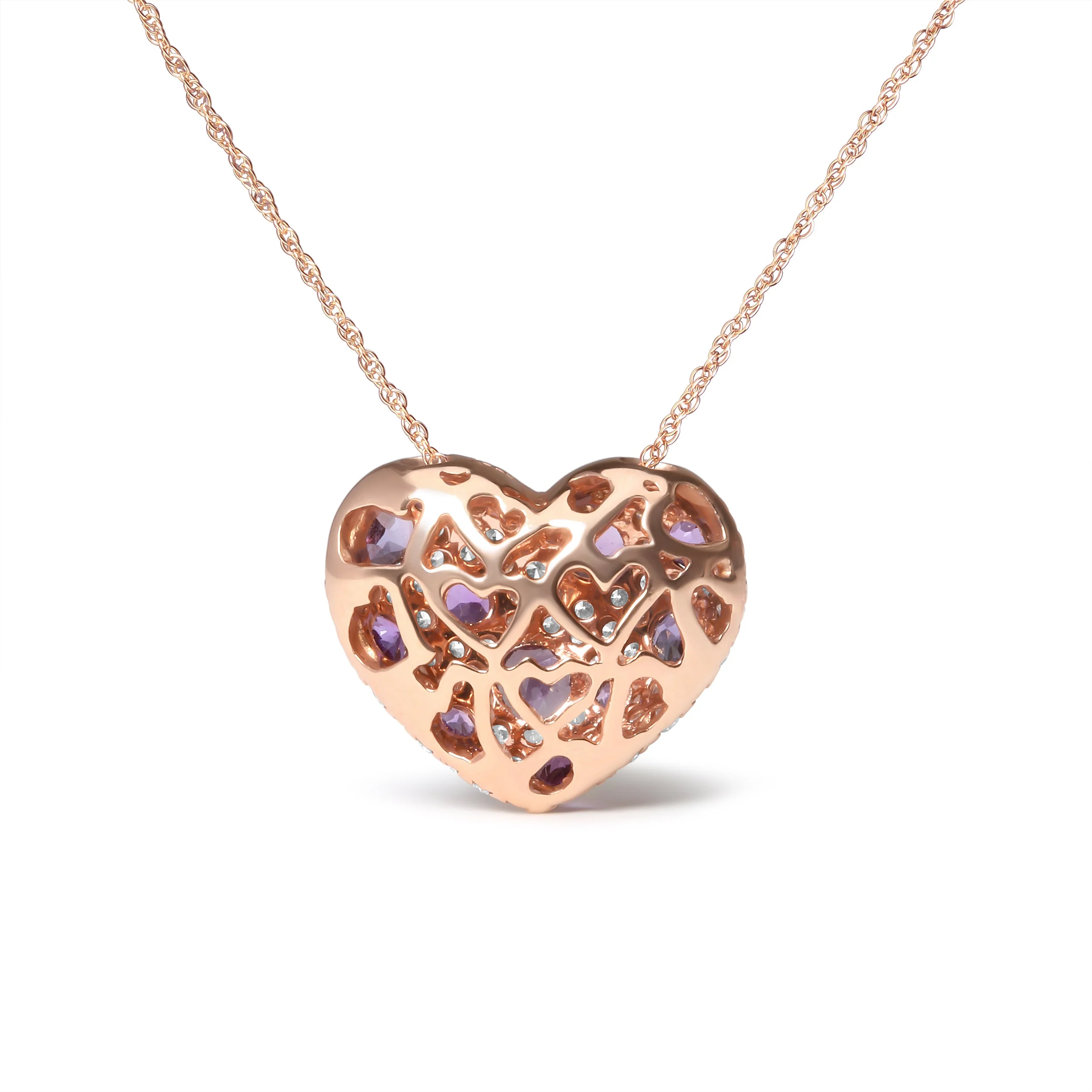 18K Rose Gold 3/4 Cttw Diamond and Purple Amethyst Cluster Heart Shape 18" Pendant Necklace (G-H Color, SI1-SI2 Clarity) - Image 7