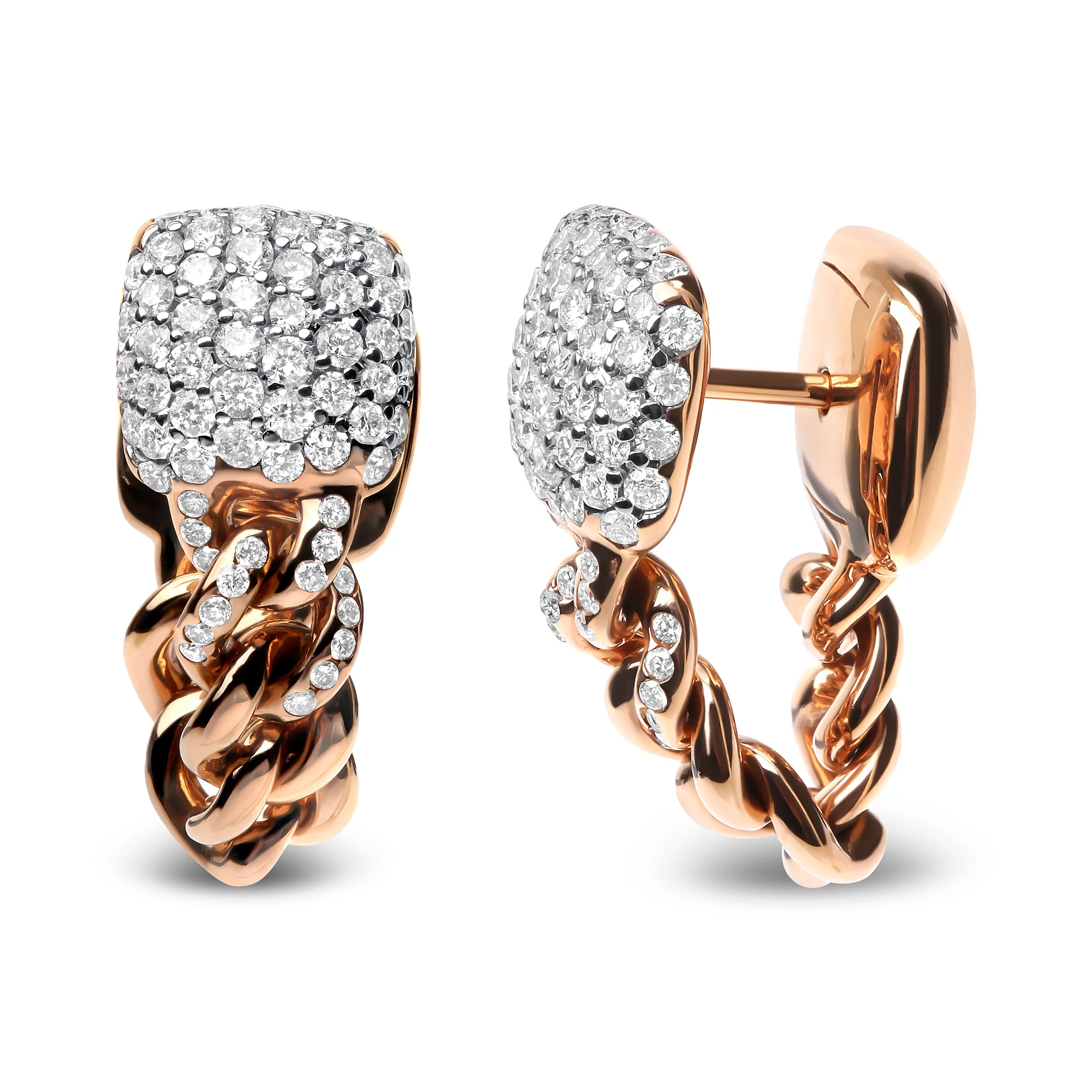 18K Rose Gold 3/4 Cttw Round Diamond Pave Cuban Chain Huggie Earrings (G-H Color, SI1-SI2 Clarity) - Image 6