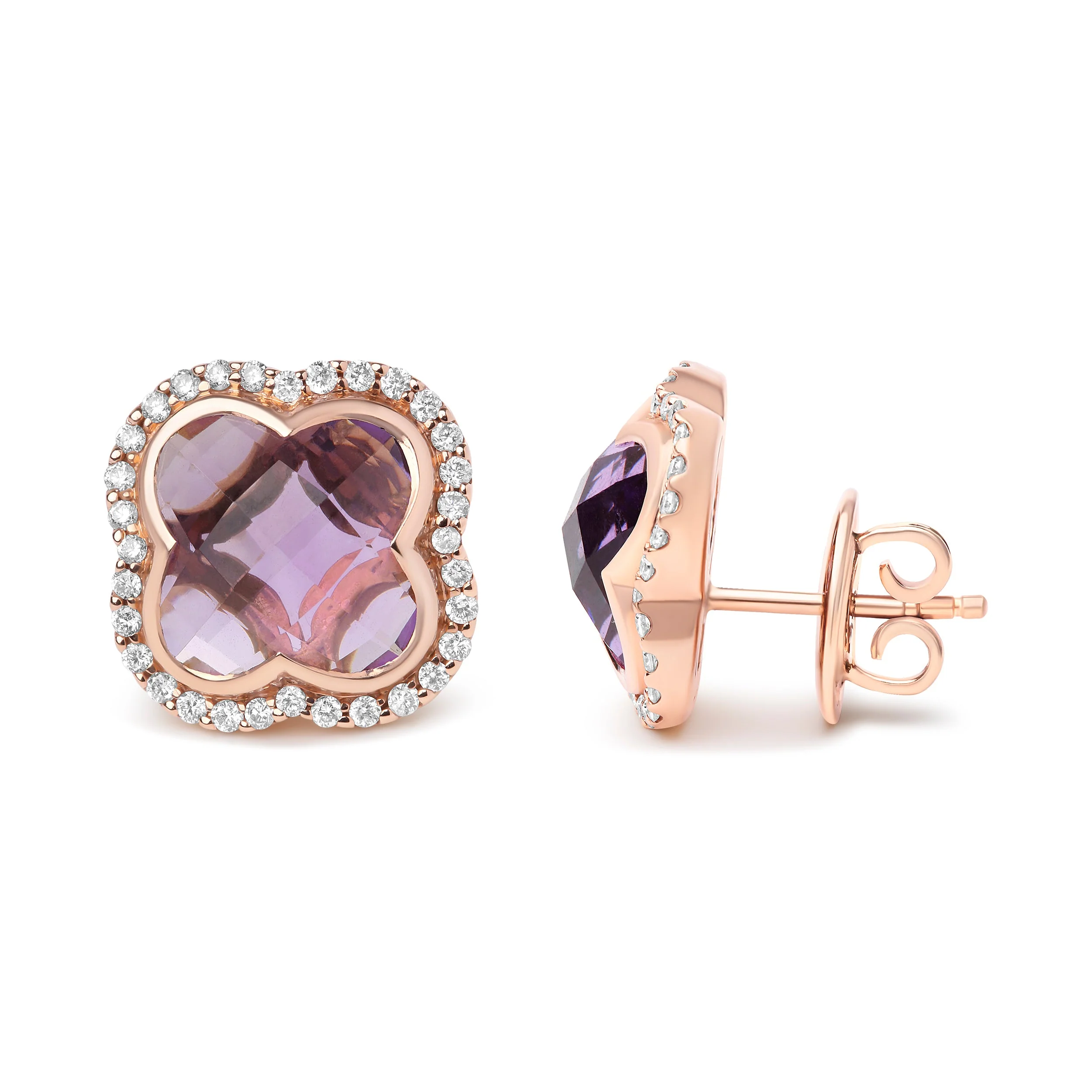 18K Rose Gold 3/8 Cttw Diamond and 11x11mm Clover-Cut Purple Amethyst Gemstone Clover Halo Stud Earrings (G-H Color, SI1-SI2 Clarity) - Image 3