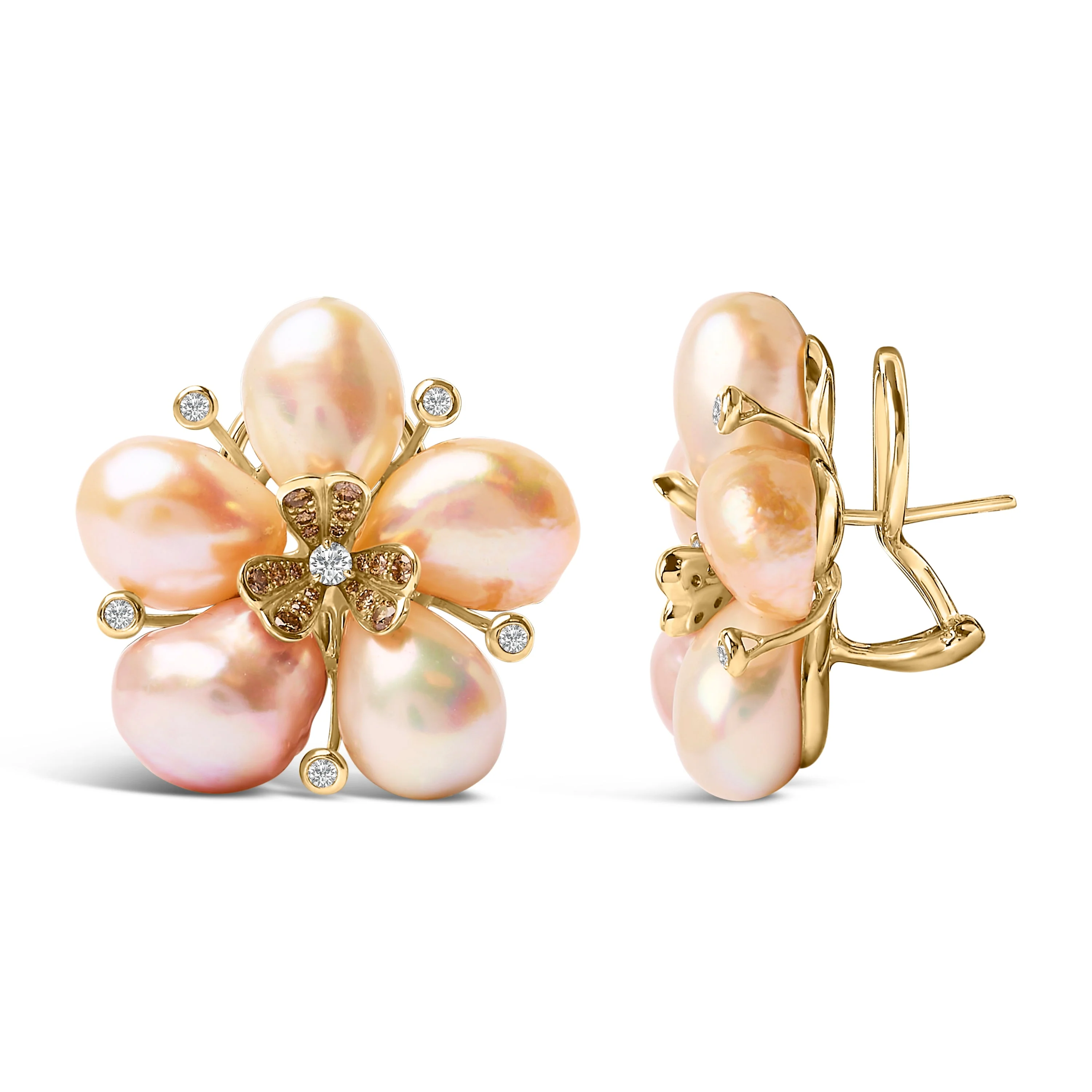 18K Rose Gold 3/8 Cttw Diamond and Freshwater Pearl Blossom Stud Earrings - Image 3