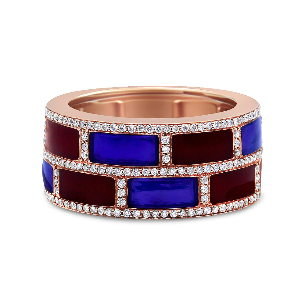 18K Rose Gold Alternating Red and Blue Enamel and 1/2 Cttw Diamond Studded Band Ring (F-G Color, VS1-VS2 Clarity) - Ring Size 7 - Image 4