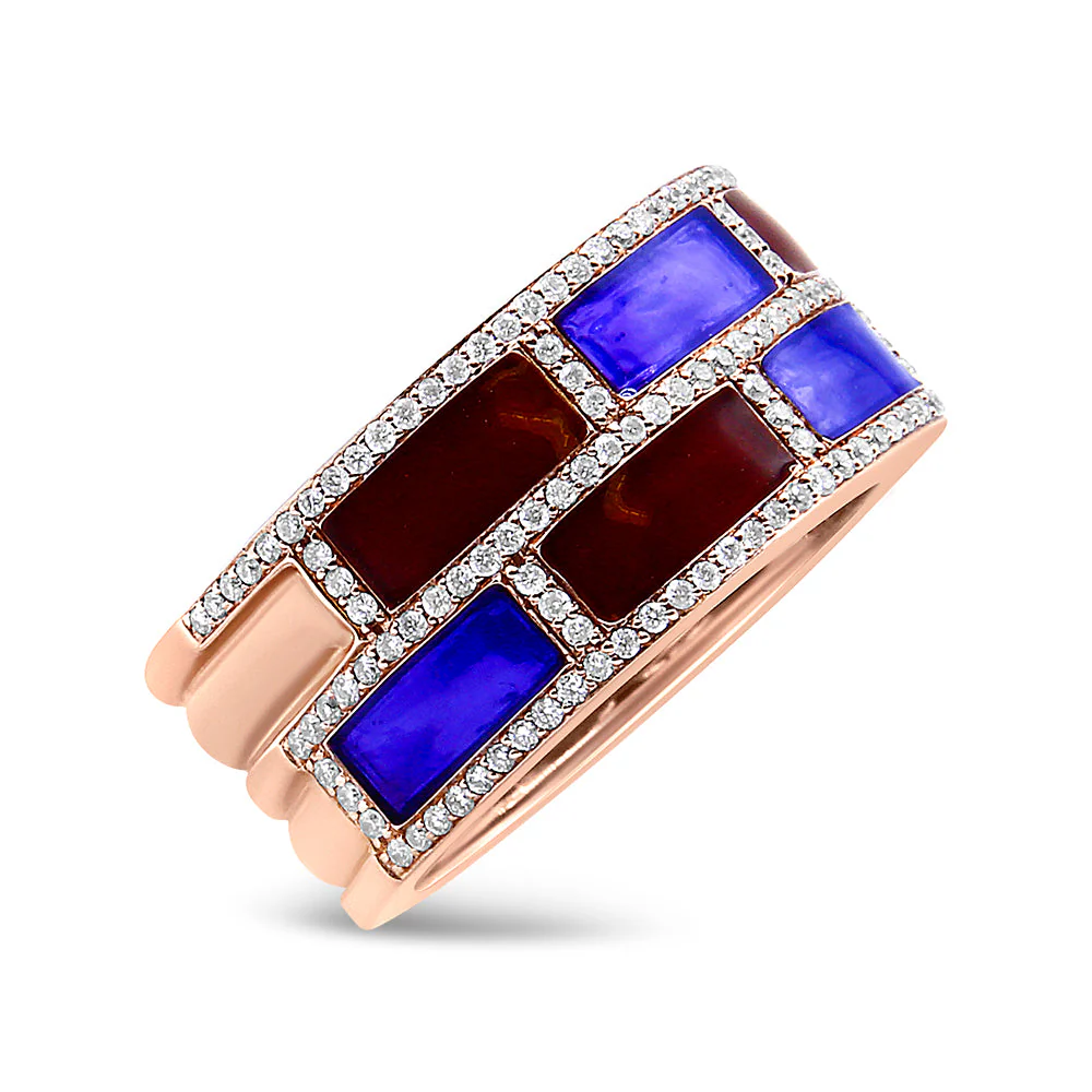 18K Rose Gold Alternating Red and Blue Enamel and 1/2 Cttw Diamond Studded Band Ring (F-G Color, VS1-VS2 Clarity) - Ring Size 7 - Image 5
