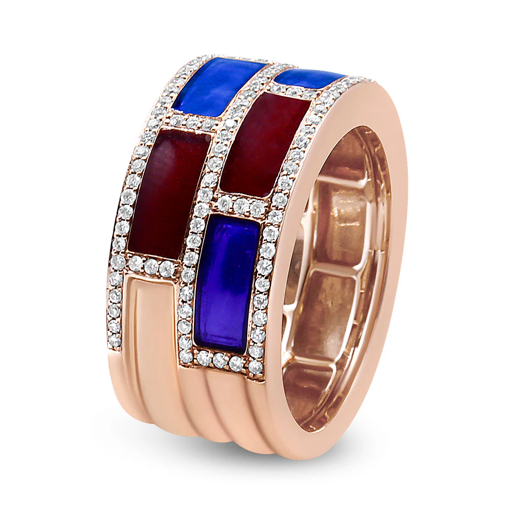 18K Rose Gold Alternating Red and Blue Enamel and 1/2 Cttw Diamond Studded Band Ring (F-G Color, VS1-VS2 Clarity) - Ring Size 7 - Image 6