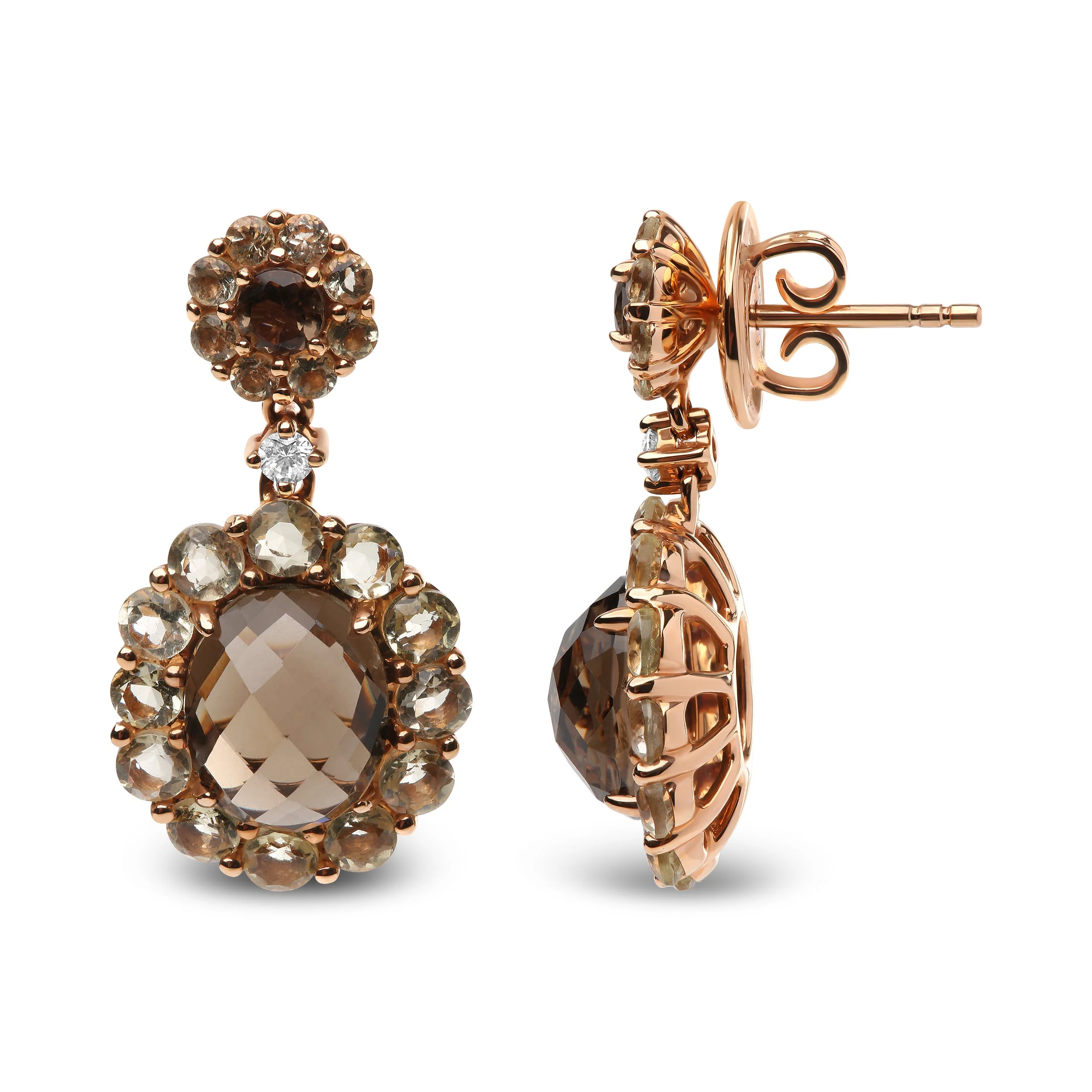 18K Rose Gold Diamond Accent and Lemon and Oval Smoky Color Quartz Gemstone Dangle Drop Earring (G-H Color, SI1-SI2 Clarity) - Image 3