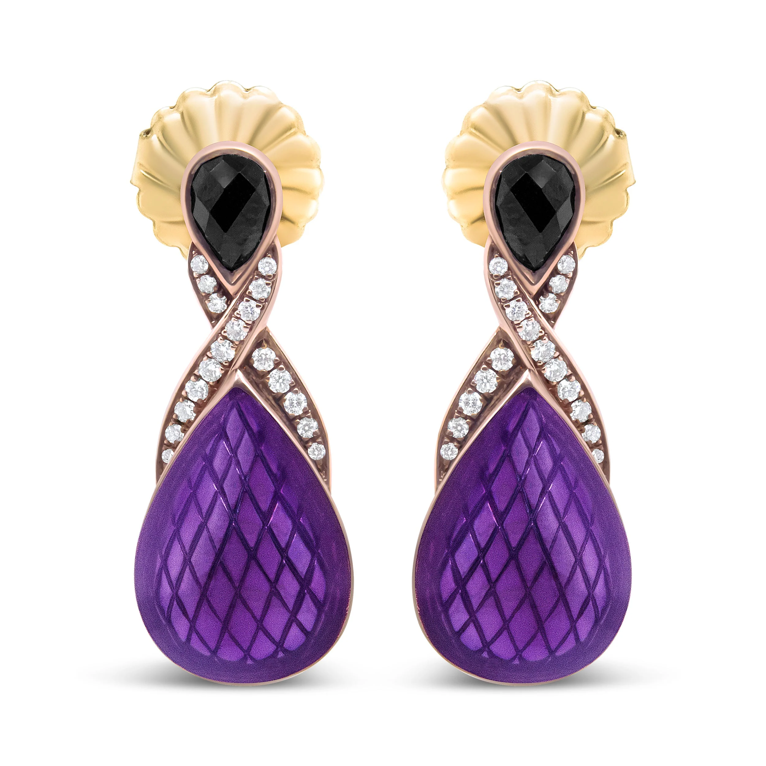 18K Rose Gold Flash Plated .925 Sterling Silver Purple Enamel 1/5 Cttw Round Pave-Set Diamond and 5.5 x 4mm Pear-Shaped Black Onyx Drop Earrings (F-G Color, VS1-VS2 Clarity)