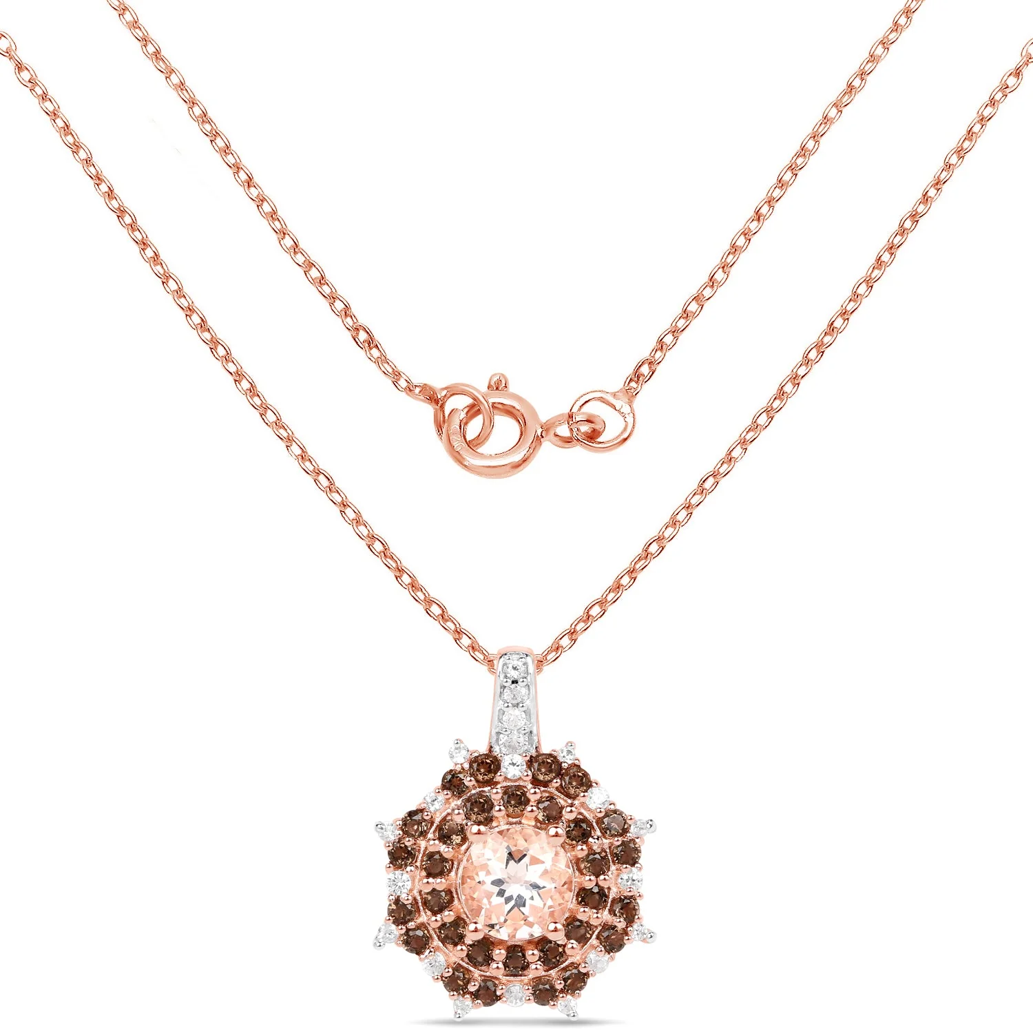 18K Rose Gold Plated 1.61 Carat Genuine Morganite, Smoky Quartz and White Zircon .925 Sterling Silver Pendant - Image 2