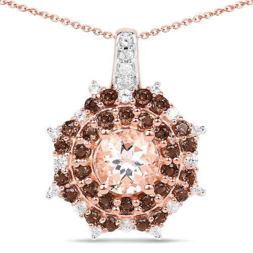18K Rose Gold Plated 1.61 Carat Genuine Morganite, Smoky Quartz and White Zircon .925 Sterling Silver Pendant - Image 3