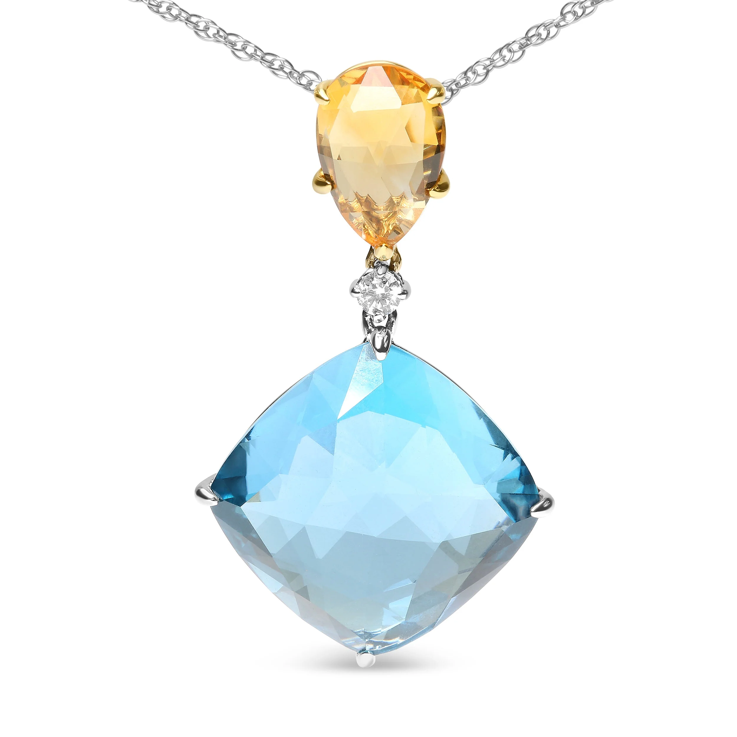 18K White and Yellow Gold Diamond Accent and Yellow Citrine and Sky Blue Topaz Gemstone Dangle Drop 18" Pendant Necklace (G-H Color, SI1-SI2 Clarity) - Image 2