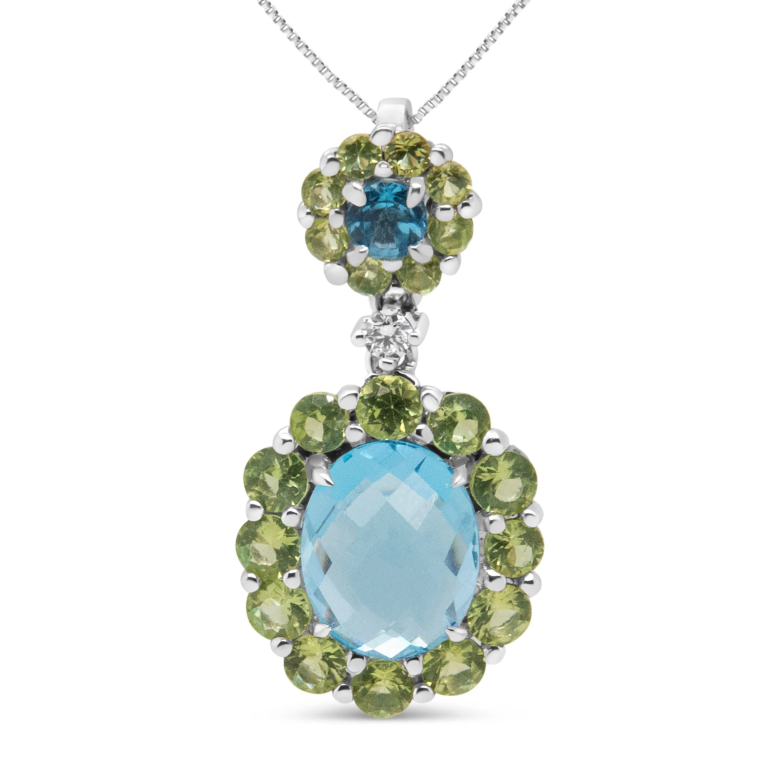 18k White Gold 0.05 Cttw Round Diamond and Blue Topaz and Green Peridot Gemstone Halo Drop 18" Pendant Necklace (F-G Color, VS1-VS2 Clarity)