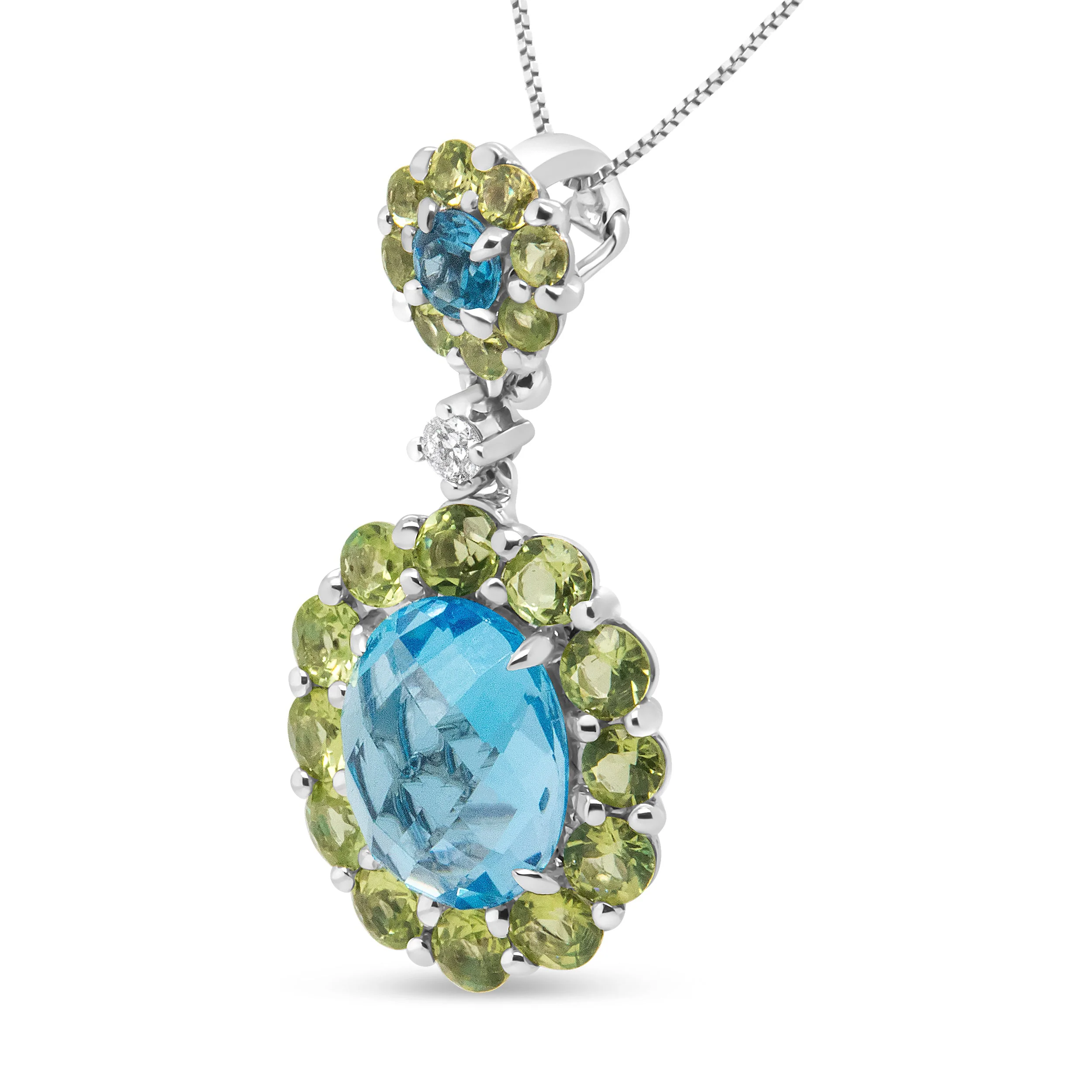 18k White Gold 0.05 Cttw Round Diamond and Blue Topaz and Green Peridot Gemstone Halo Drop 18" Pendant Necklace (F-G Color, VS1-VS2 Clarity) - Image 2