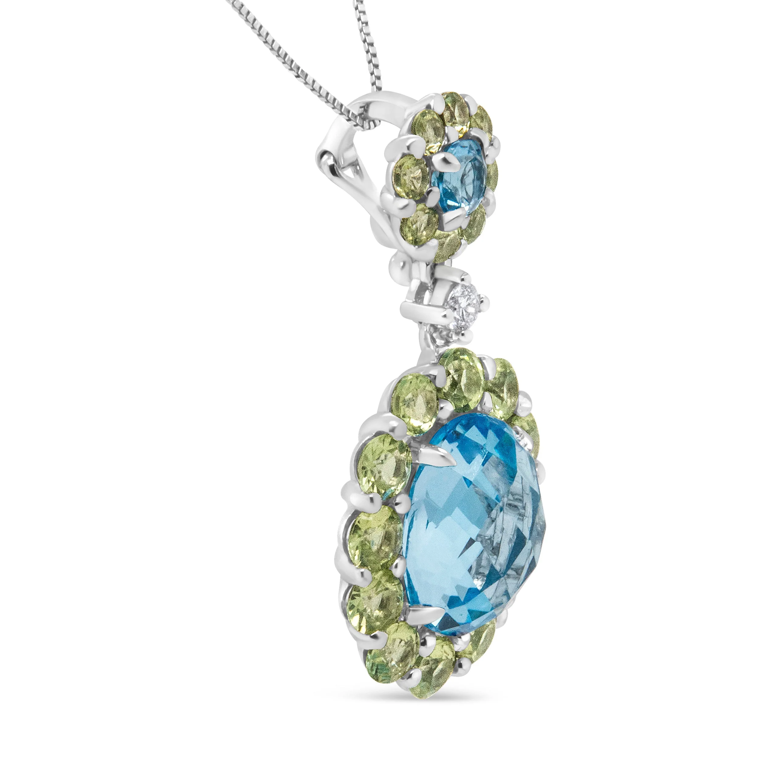 18k White Gold 0.05 Cttw Round Diamond and Blue Topaz and Green Peridot Gemstone Halo Drop 18" Pendant Necklace (F-G Color, VS1-VS2 Clarity) - Image 3