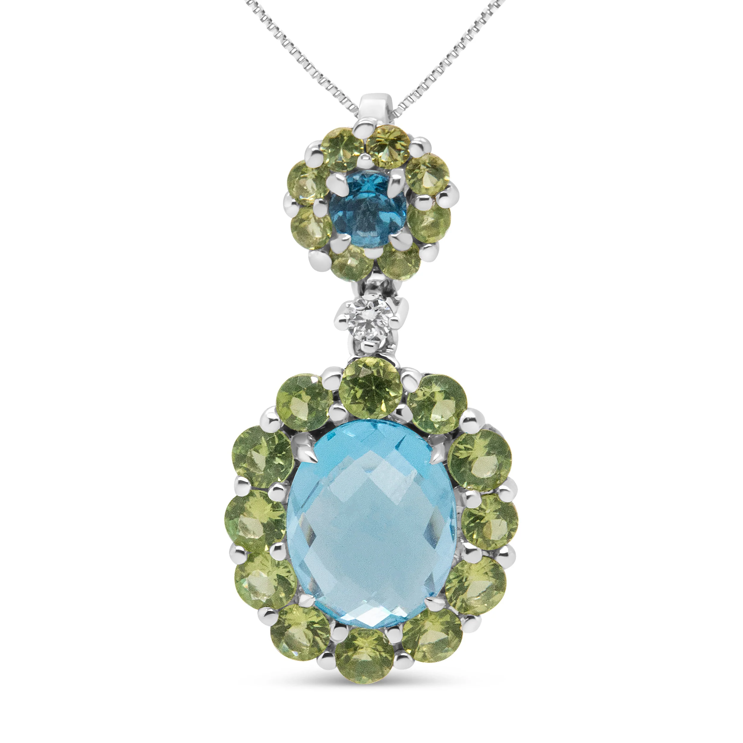 18k White Gold 0.05 Cttw Round Diamond and Blue Topaz and Green Peridot Gemstone Halo Drop 18" Pendant Necklace (F-G Color, VS1-VS2 Clarity) - Image 5