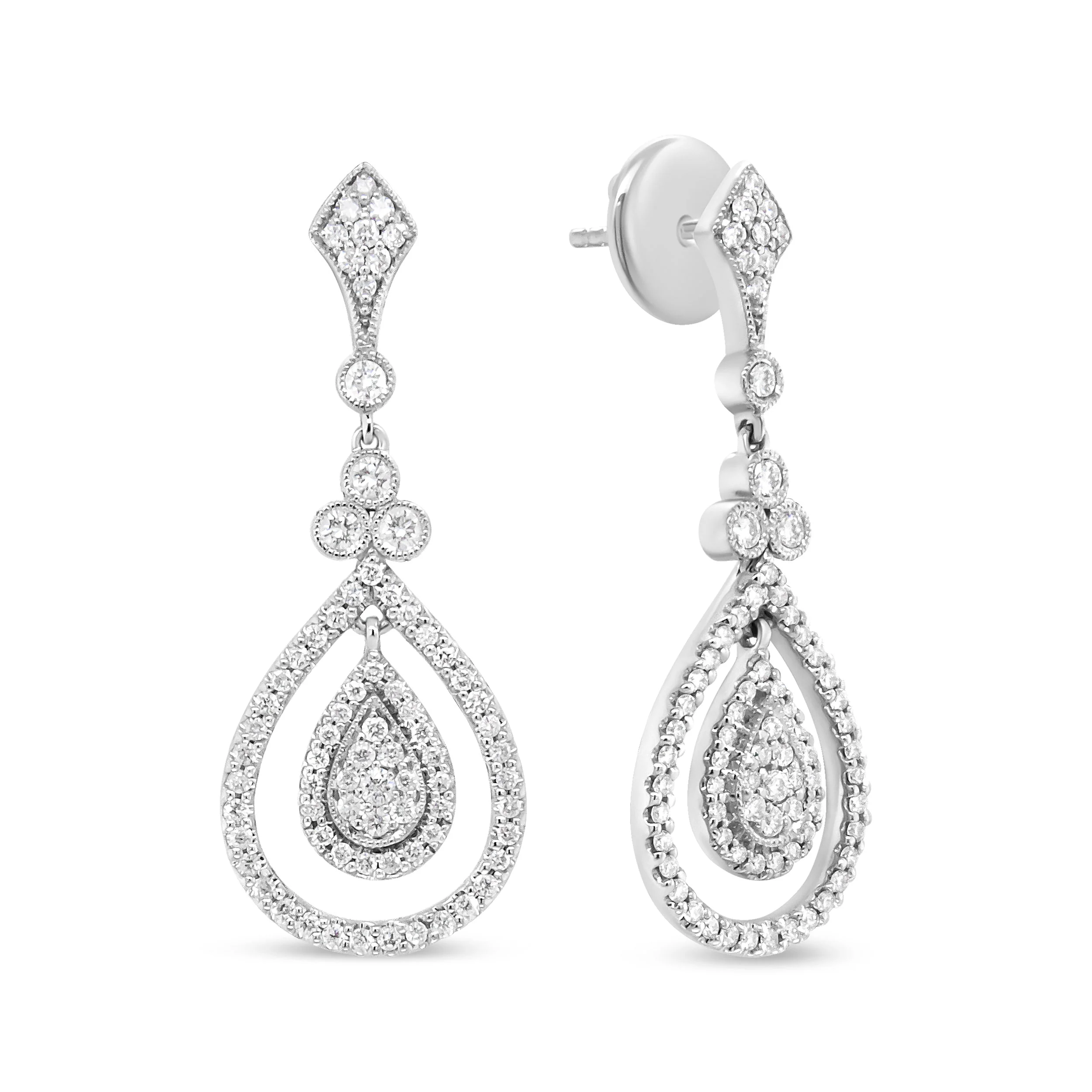 18K White Gold 1 1/4 Cttw Round Diamond Openwork Teardrop-Shaped Dangle Earrings (F-G Color, VS1-VS2 Clarity) - Image 3