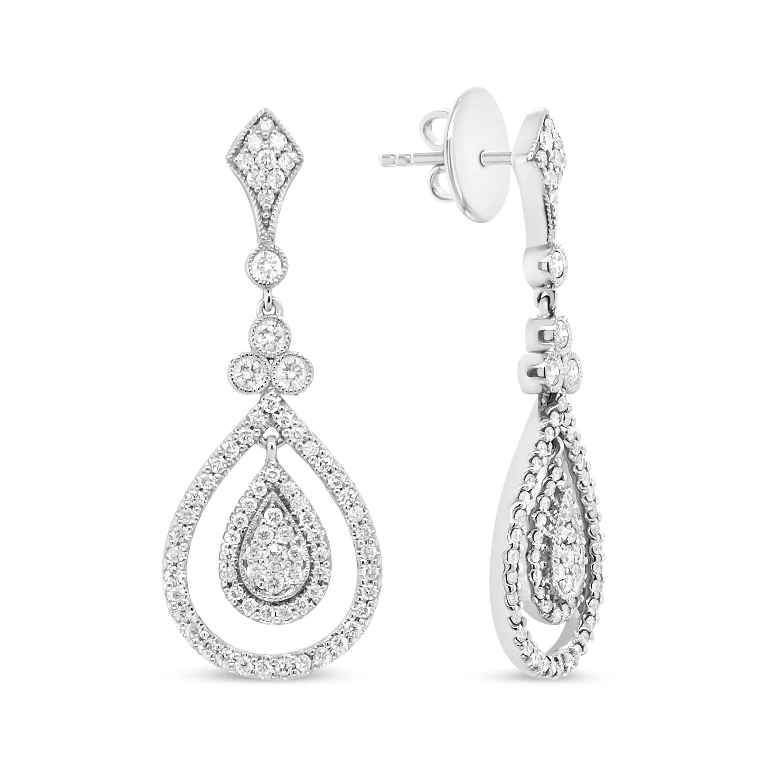 18K White Gold 1 1/4 Cttw Round Diamond Openwork Teardrop-Shaped Dangle Earrings (F-G Color, VS1-VS2 Clarity) - Image 4