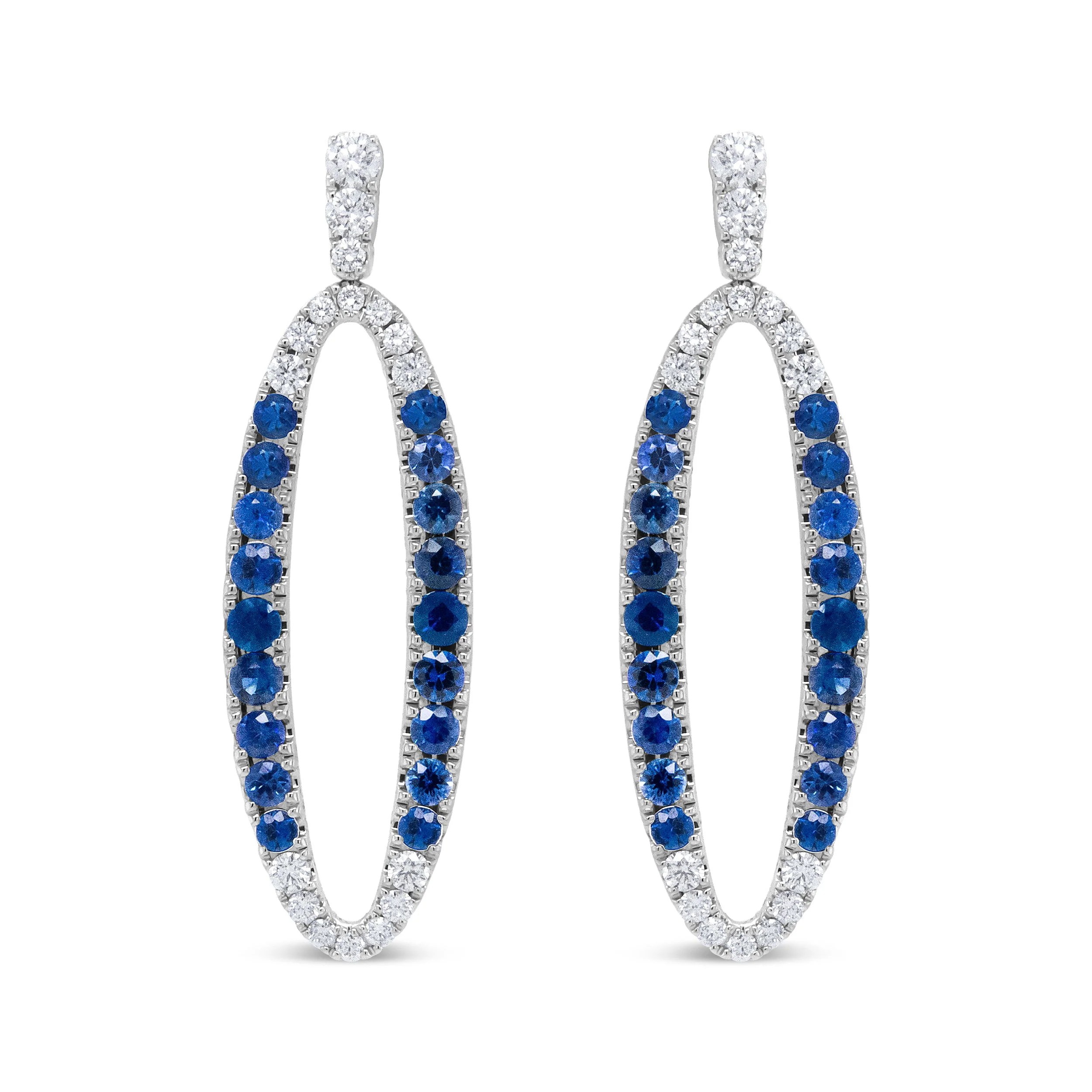 18K White Gold 1.11 Cttw Blue Round Diamond and Blue Sapphire Openwork Oval Shaped Dangle Earrings (F-G Color, VS1-VS2 Clarity)