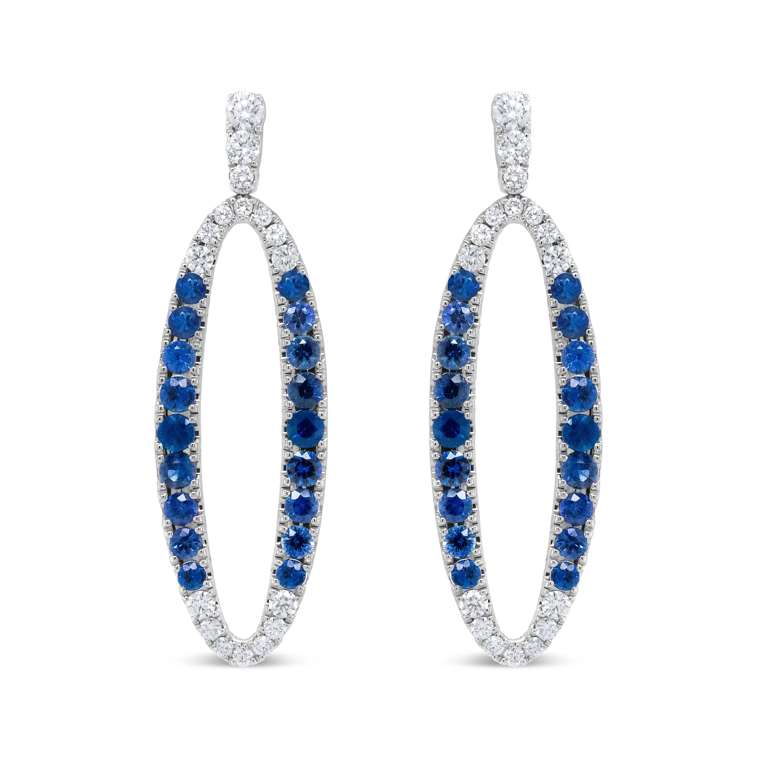 18K White Gold 1.11 Cttw Blue Round Diamond and Blue Sapphire Openwork Oval Shaped Dangle Earrings (F-G Color, VS1-VS2 Clarity) - Image 5