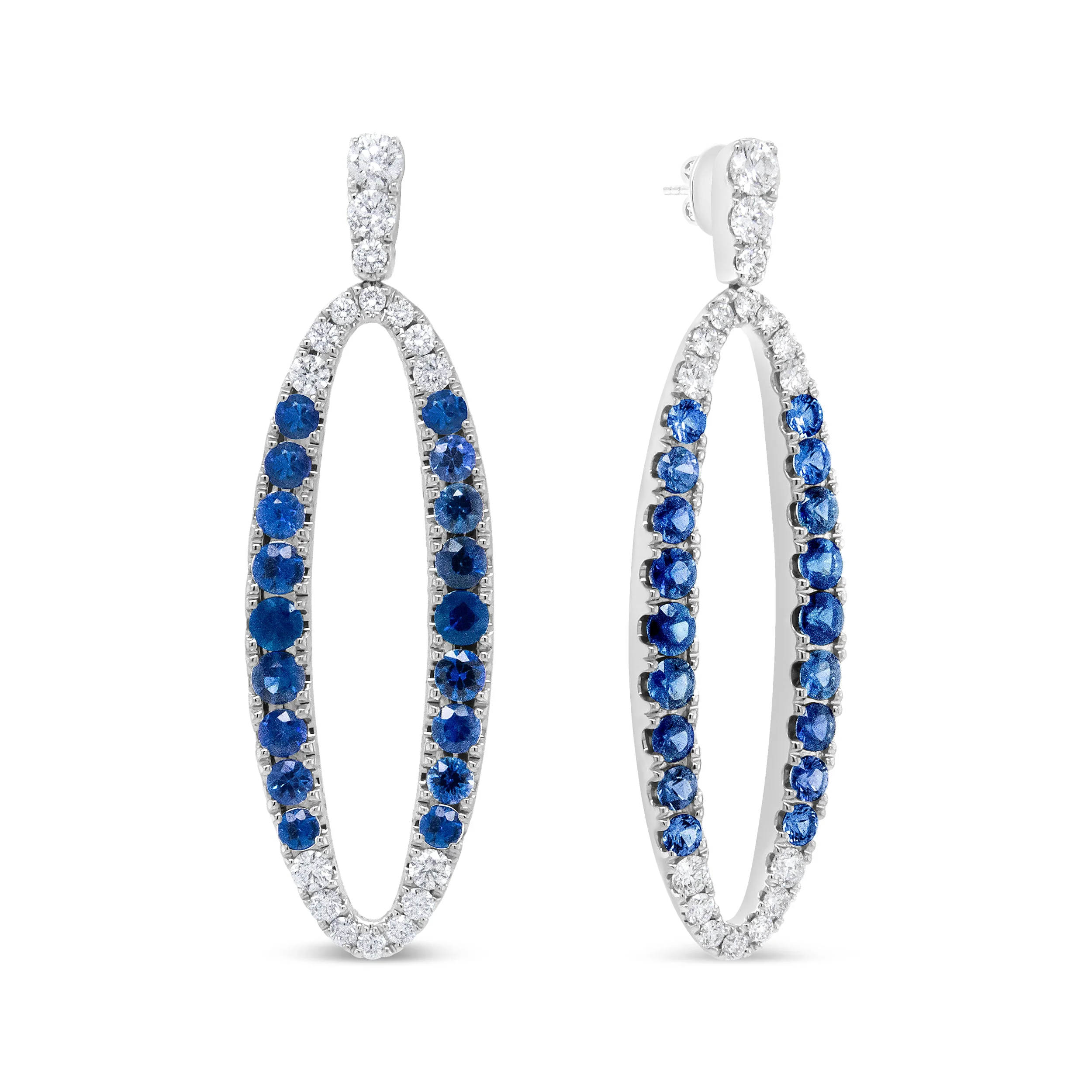 18K White Gold 1.11 Cttw Blue Round Diamond and Blue Sapphire Openwork Oval Shaped Dangle Earrings (F-G Color, VS1-VS2 Clarity) - Image 6