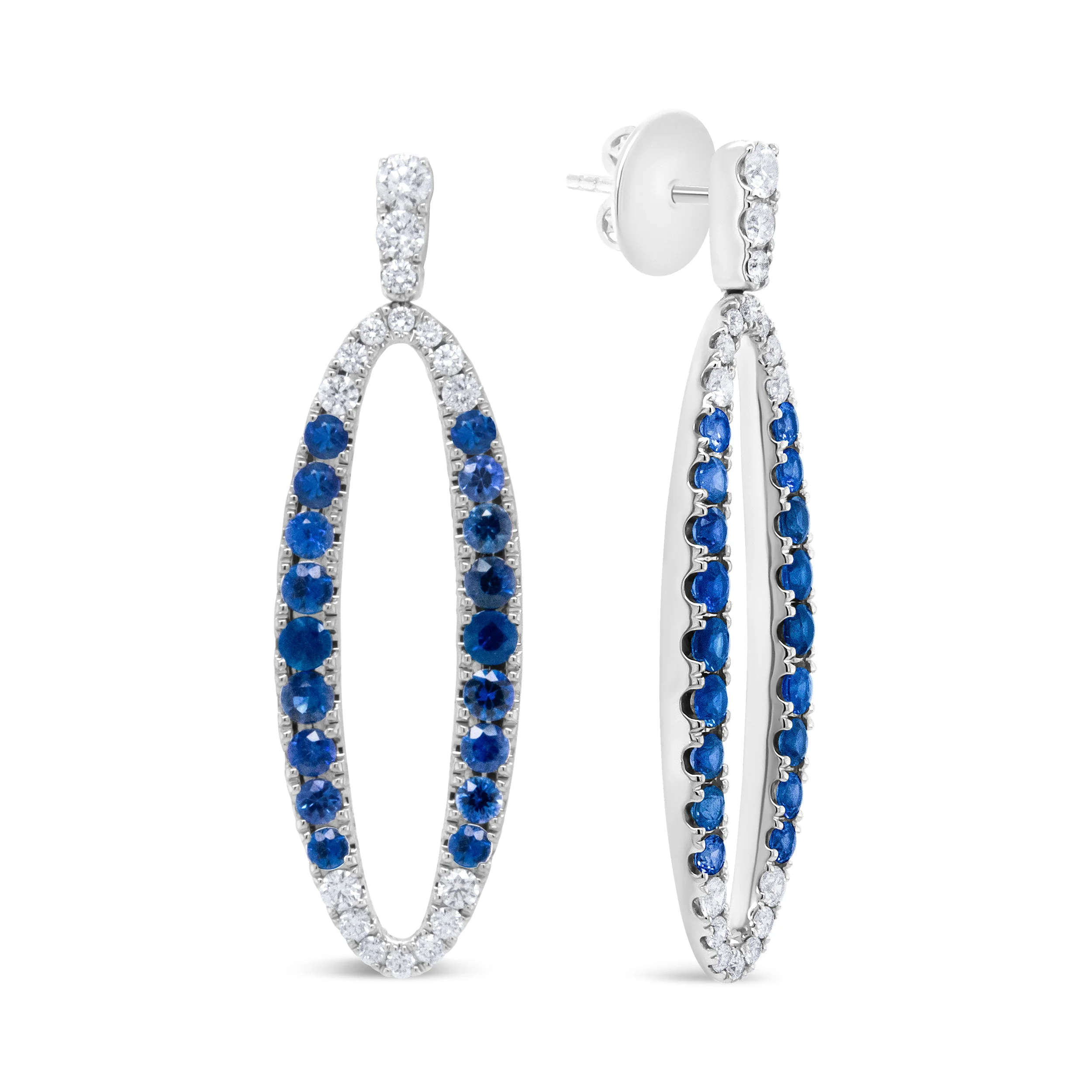 18K White Gold 1.11 Cttw Blue Round Diamond and Blue Sapphire Openwork Oval Shaped Dangle Earrings (F-G Color, VS1-VS2 Clarity) - Image 7
