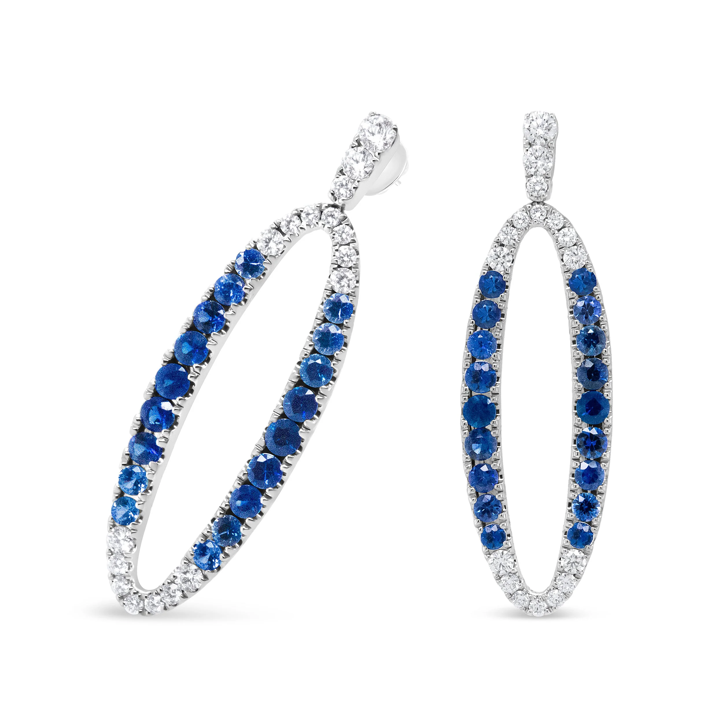 18K White Gold 1.11 Cttw Blue Round Diamond and Blue Sapphire Openwork Oval Shaped Dangle Earrings (F-G Color, VS1-VS2 Clarity) - Image 8