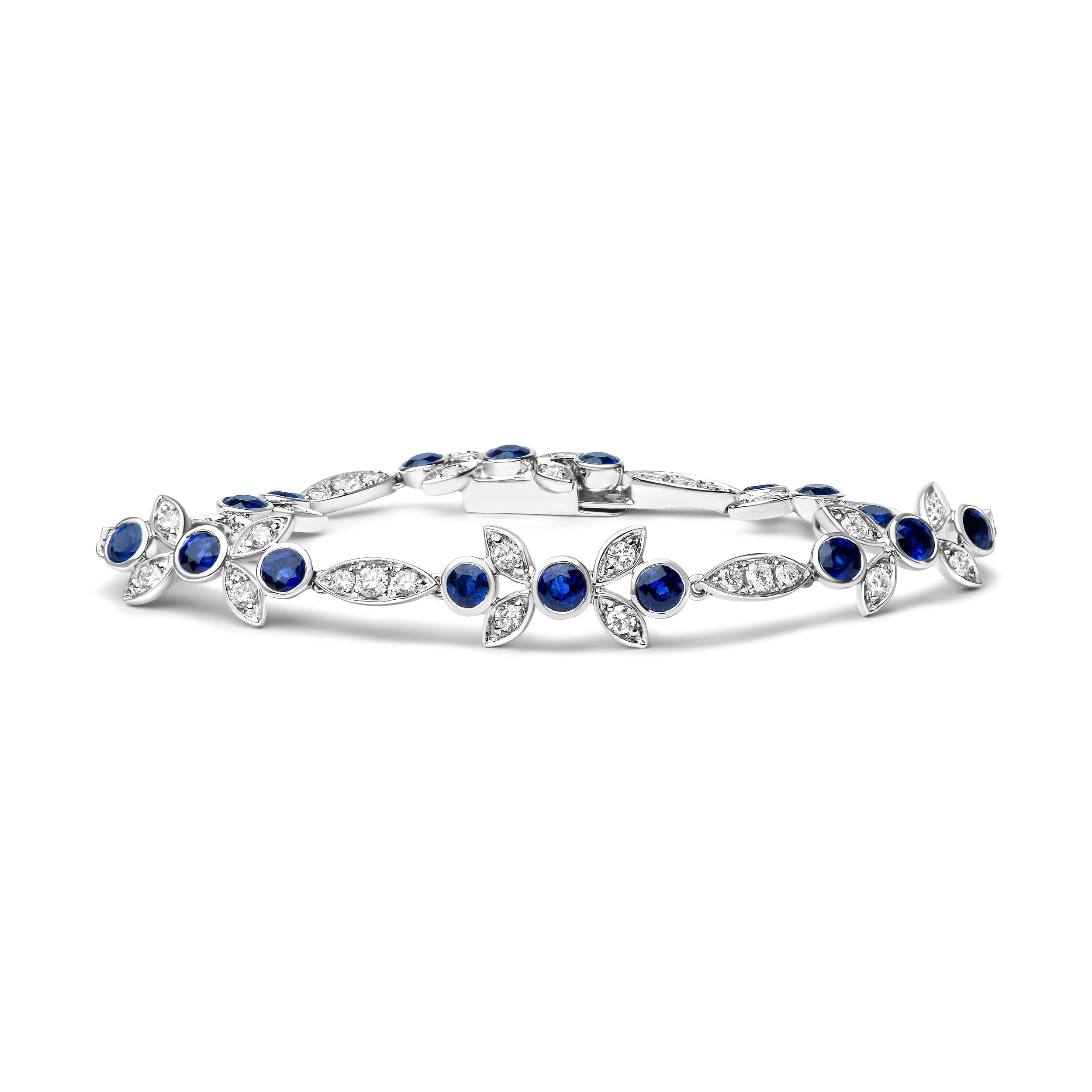18K White Gold 1 3/4 Cttw Diamond and 3x3mm Round Blue Sapphire Gemstone Floral Link Bracelet (G-H Color, SI1-SI2 Clarity) - Size 7" - Image 5