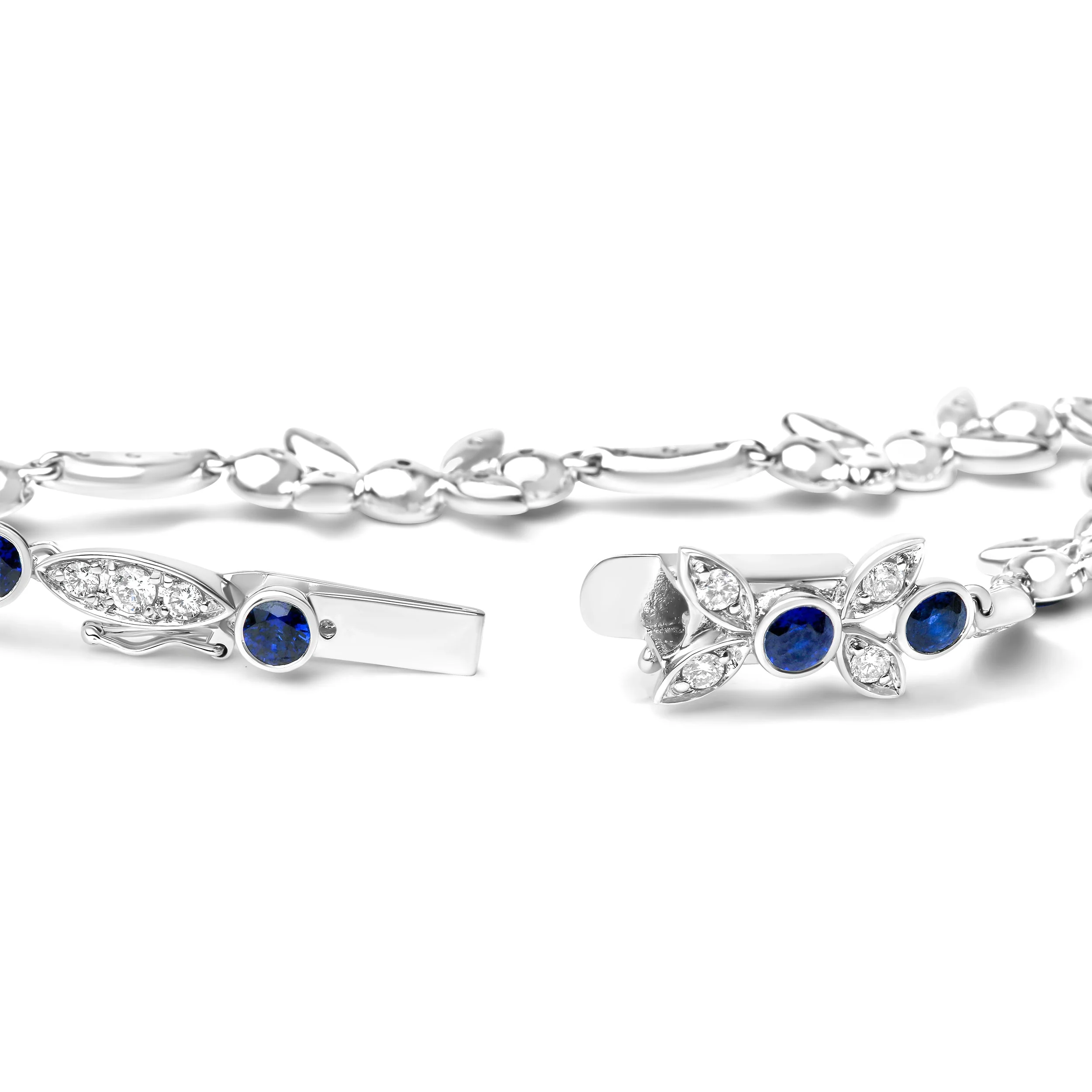 18K White Gold 1 3/4 Cttw Diamond and 3x3mm Round Blue Sapphire Gemstone Floral Link Bracelet (G-H Color, SI1-SI2 Clarity) - Size 7" - Image 7