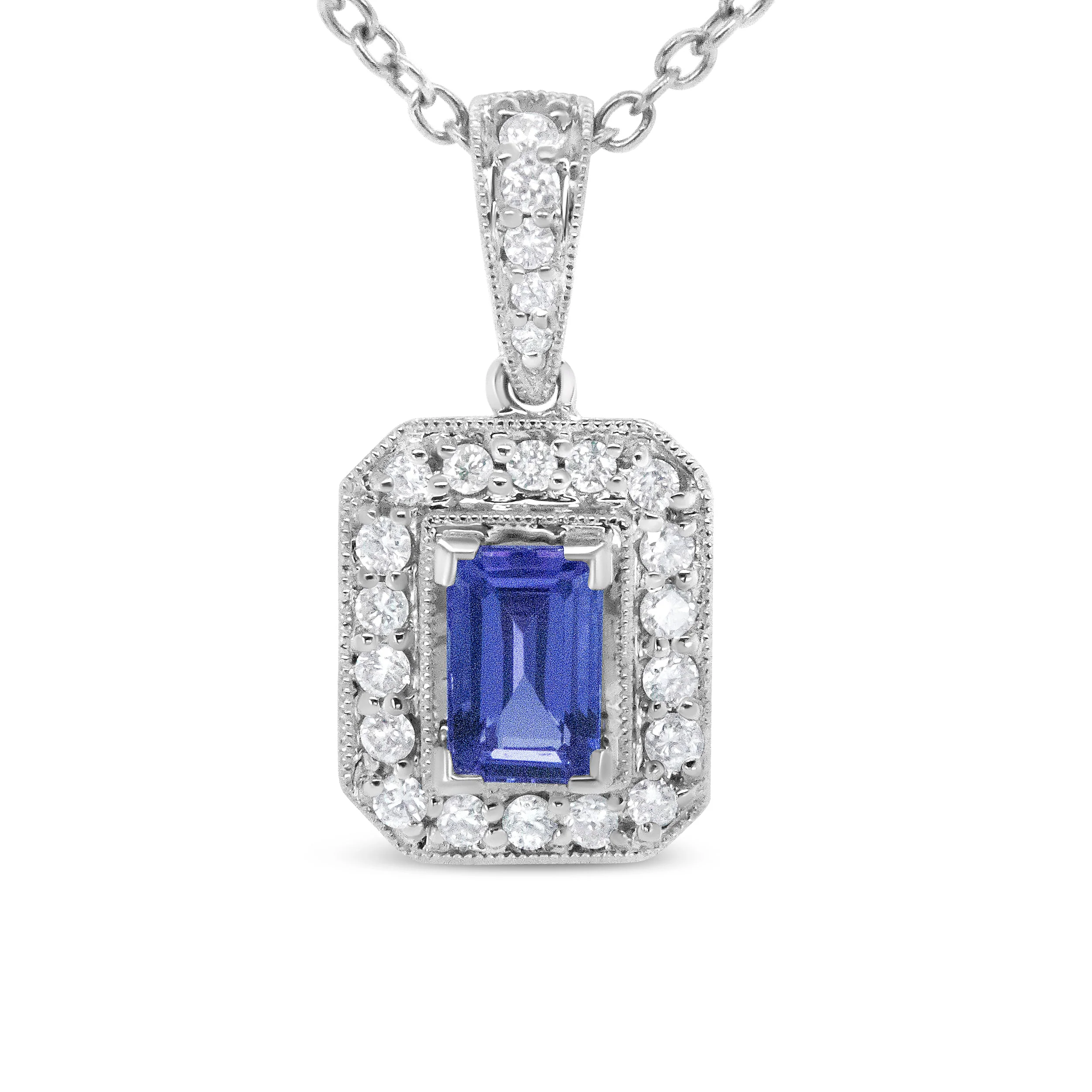 18K White Gold 1/4 Cttw Round Diamond and 6x4mm Purple Tanzanite Halo 18" Pendant Necklace (H-I Color, VS1-VS2 Clarity) - Image 4