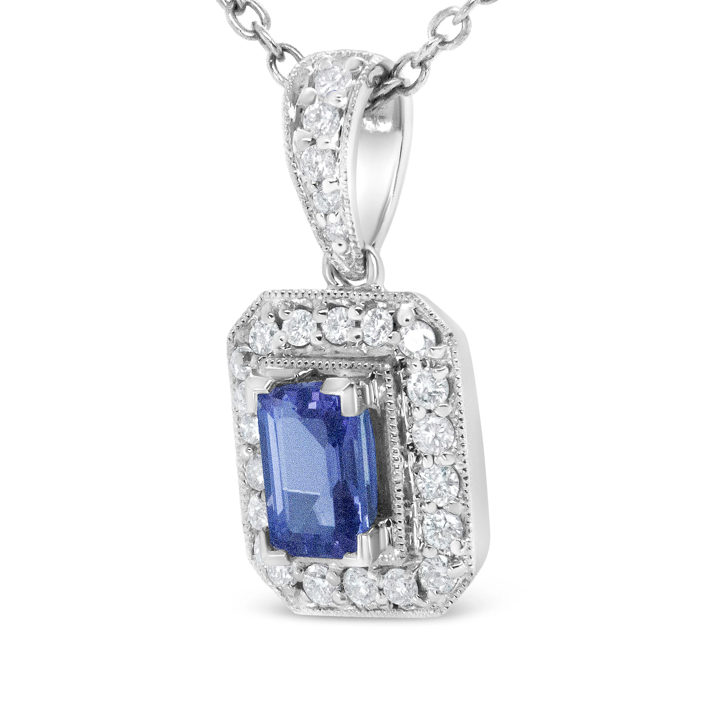 18K White Gold 1/4 Cttw Round Diamond and 6x4mm Purple Tanzanite Halo 18" Pendant Necklace (H-I Color, VS1-VS2 Clarity) - Image 5